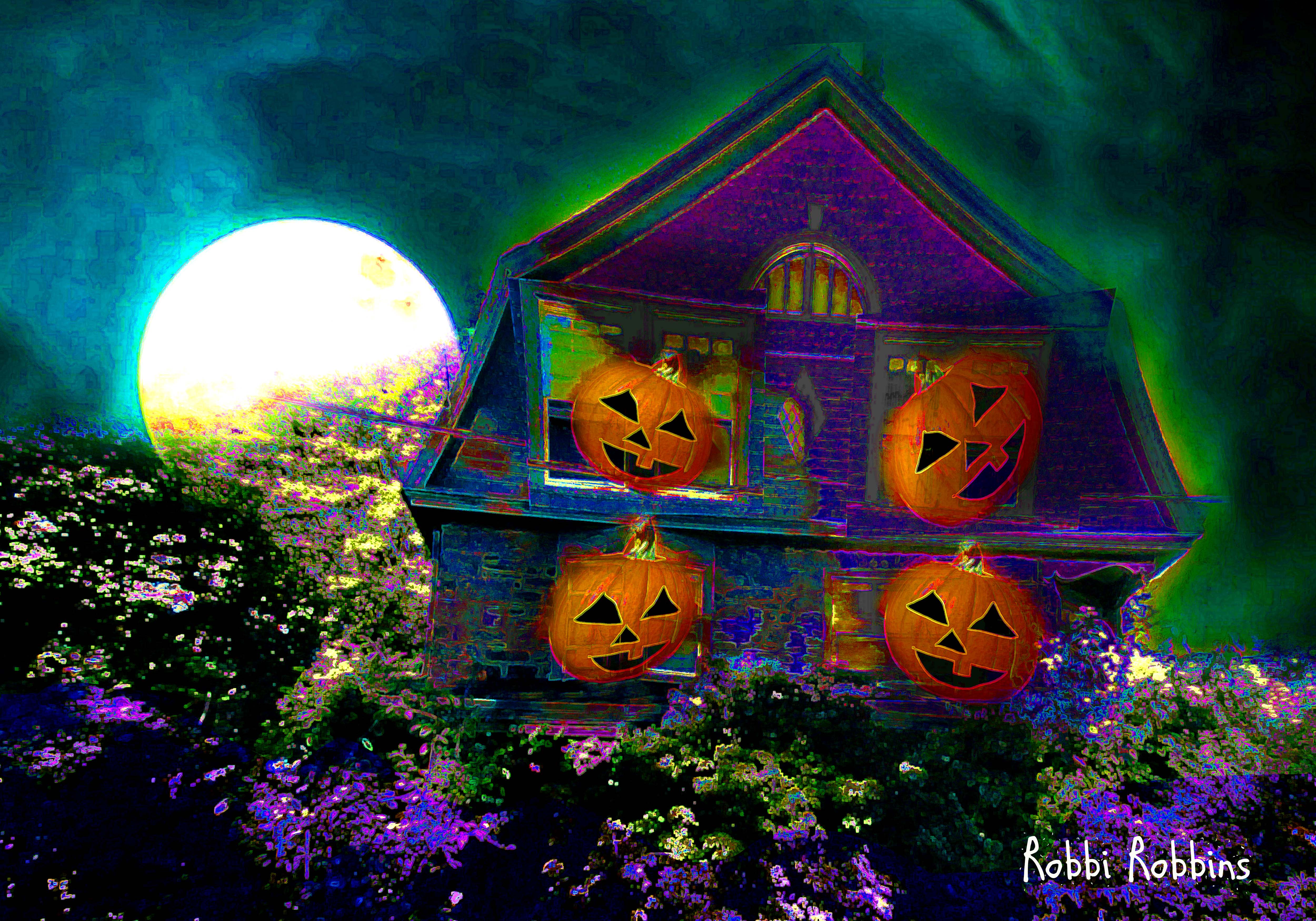Wallpaper, Moon, fall, Halloween, collage, Photohop, photography, colorful, pumpkins, Topaz, hauted, photmanuplation 5000x3500