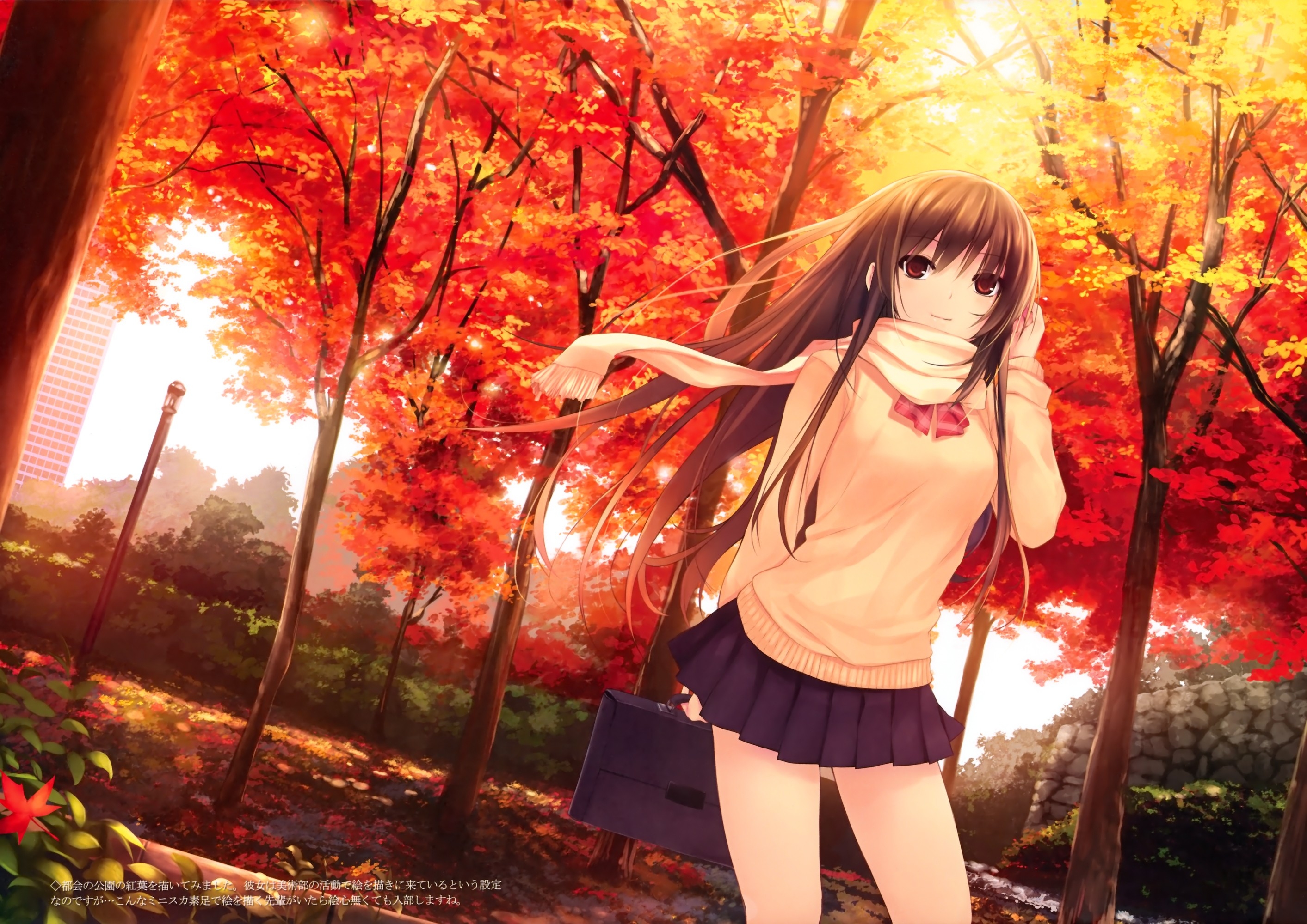 autumn leaves school uniforms long hair brown eyes seifuku scarfs coffeekizoku anime girls
