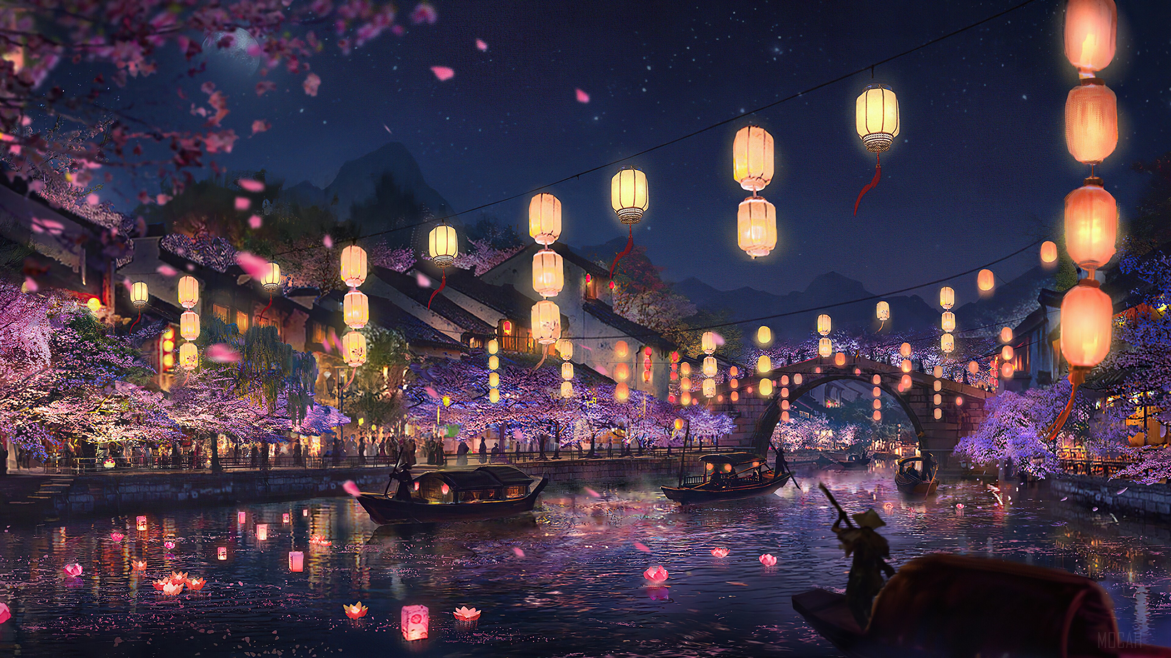 Night, Festival, Lantern, River, Scenery, Art, Digital Art 4k wallpaper. Mocah HD Wallpaper