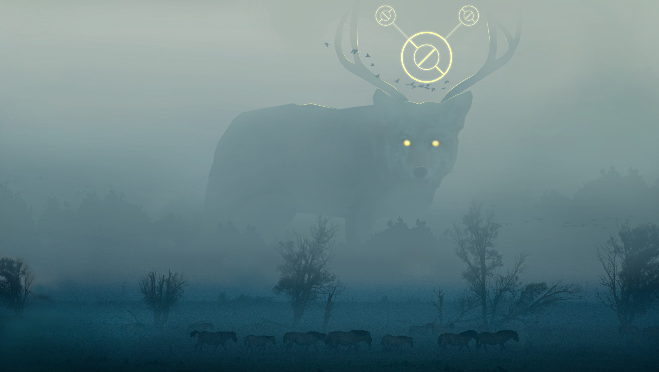Wallpaper, abstract, wolf, horse, mist, trees 2550x1440