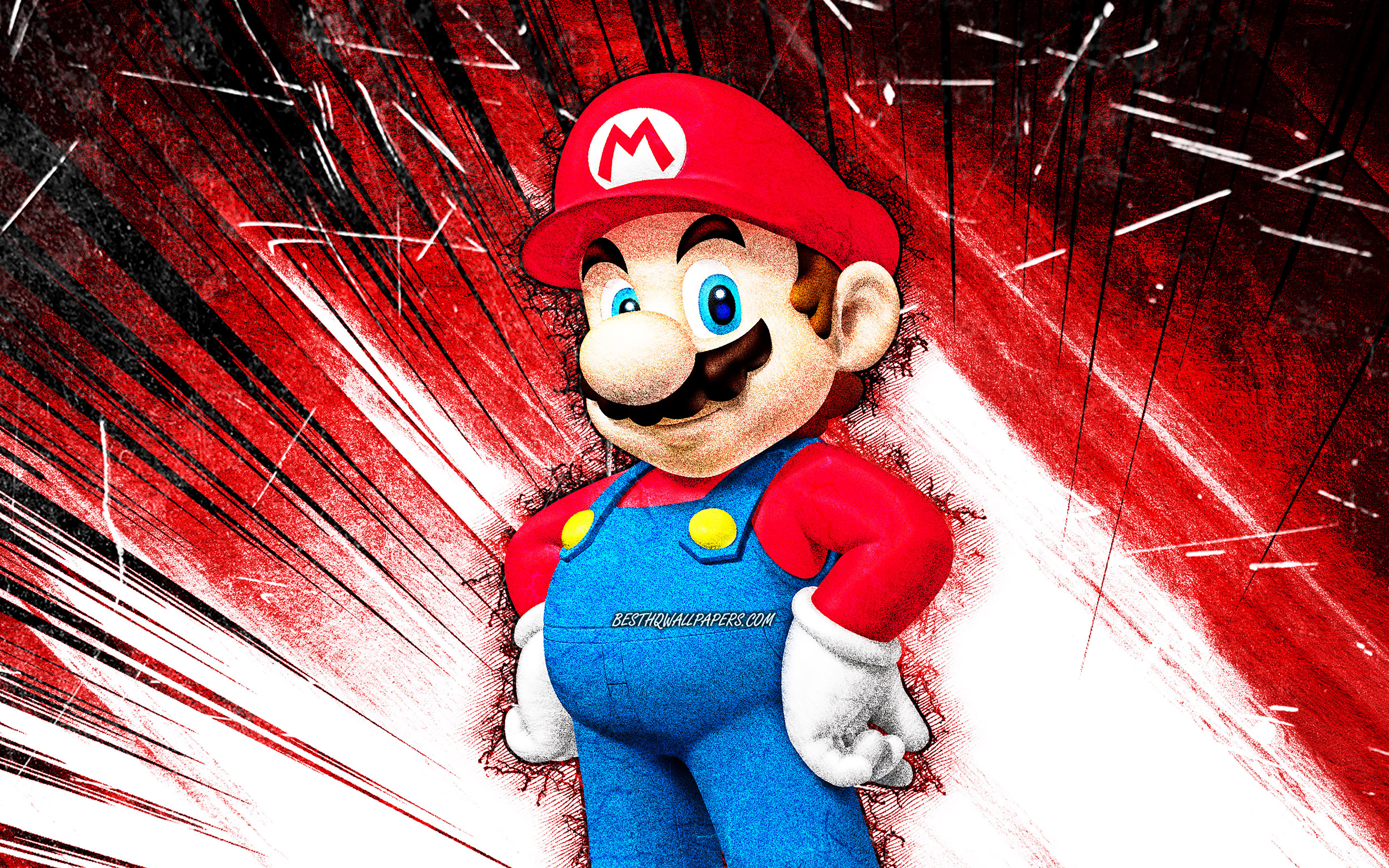 Download wallpaper 4k, Mario, grunge art, cartoon plumber, Super Mario, red abstract rays, Super Mario characters, Super Mario Bros, Mario Super Mario for desktop with resolution 3840x2400. High Quality HD picture wallpaper