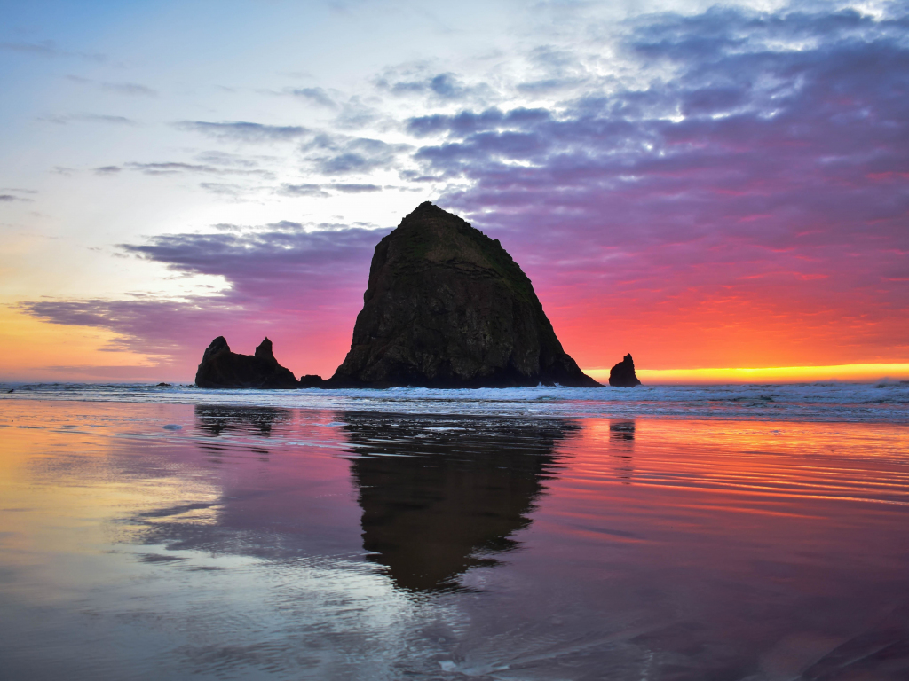 Desktop wallpaper cannon beach, sunset, sea, reflections, HD image, picture, background, 0f5374