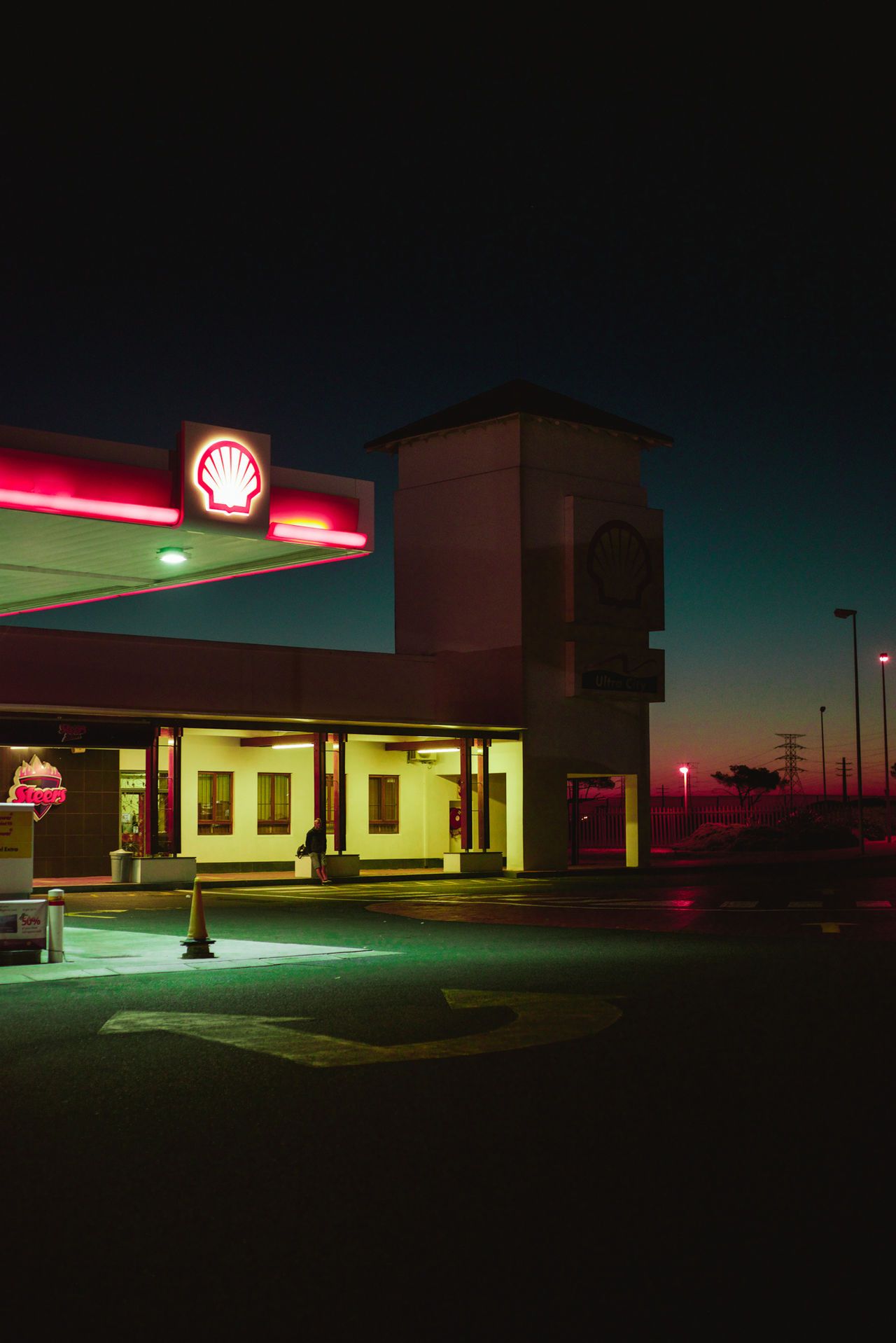 Dusk building building exterior capetown color color palette fuel station gas station nightlights Nightphotography n. Night aesthetic, Gas station, City aesthetic