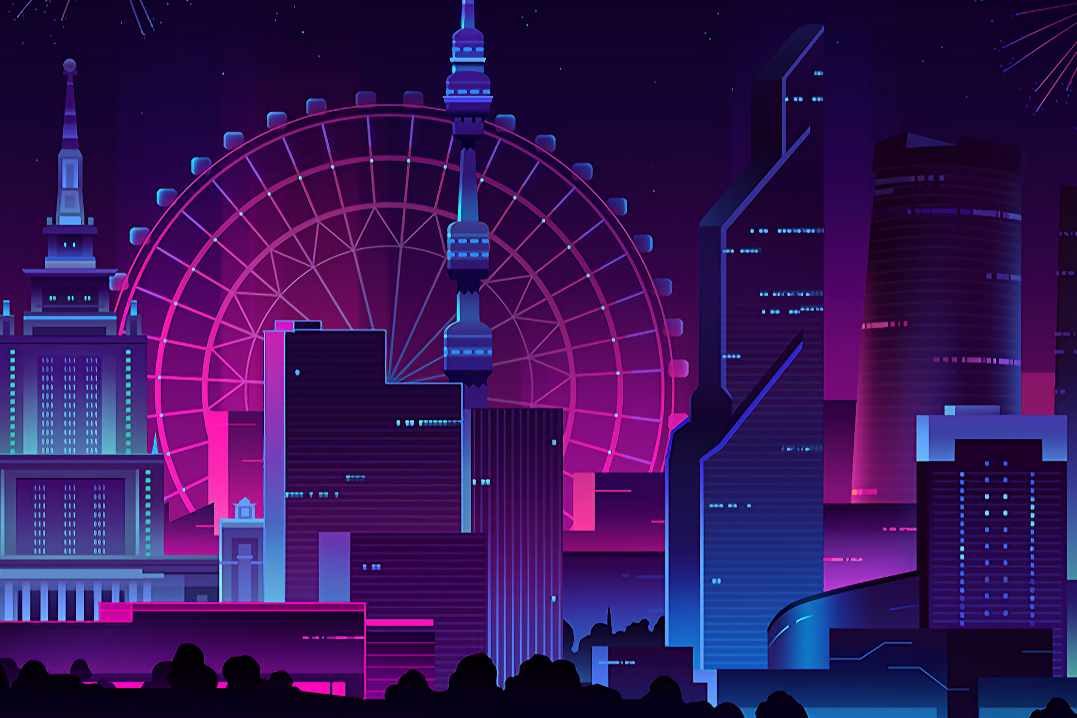 Download 2160x1440 Minimal Neon City, Fireworks Wallpaper