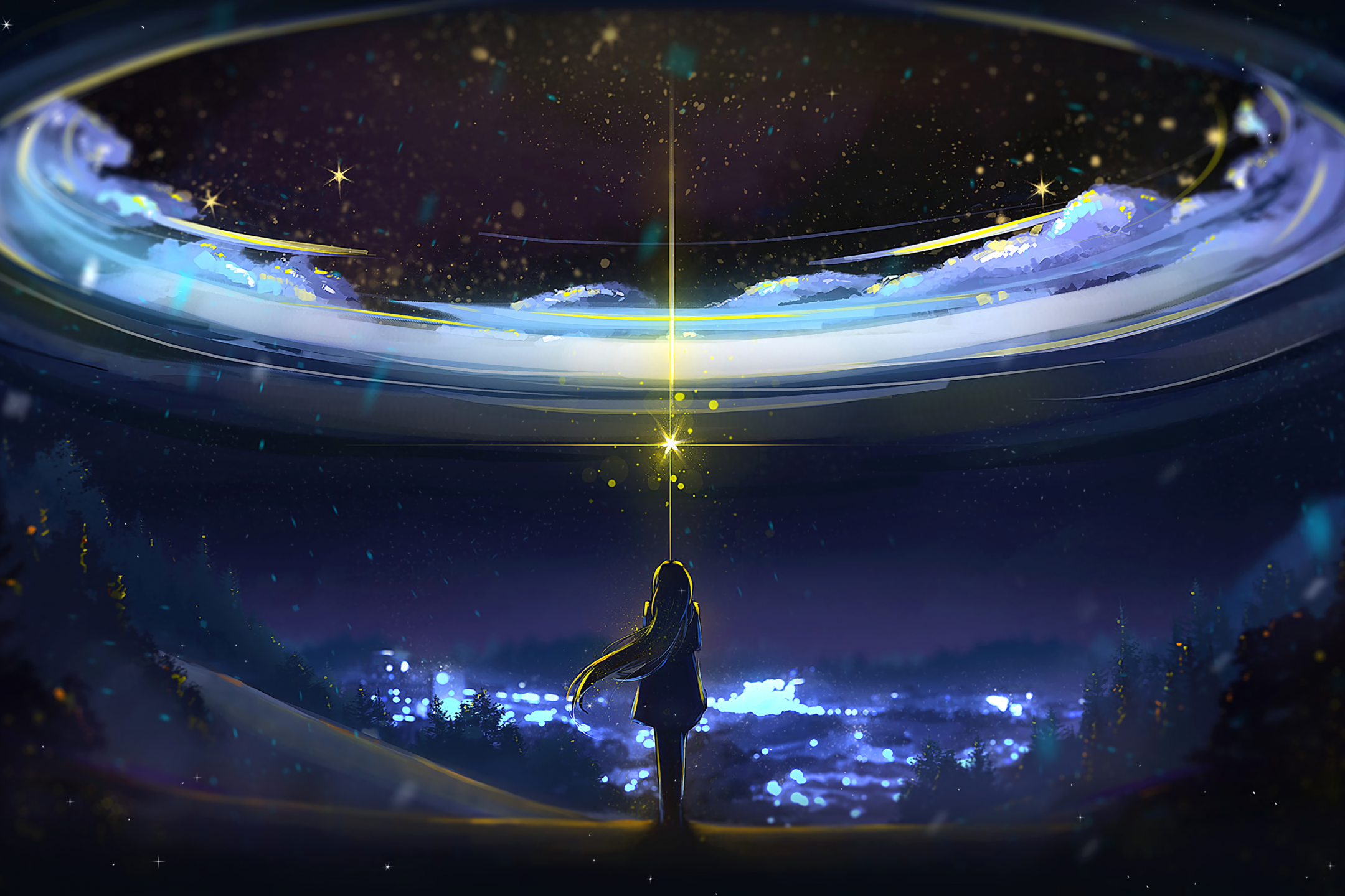 Download 2160x1440 Anime Girl, Magic, Night, Stars, Back View, Bokeh Wallpaper