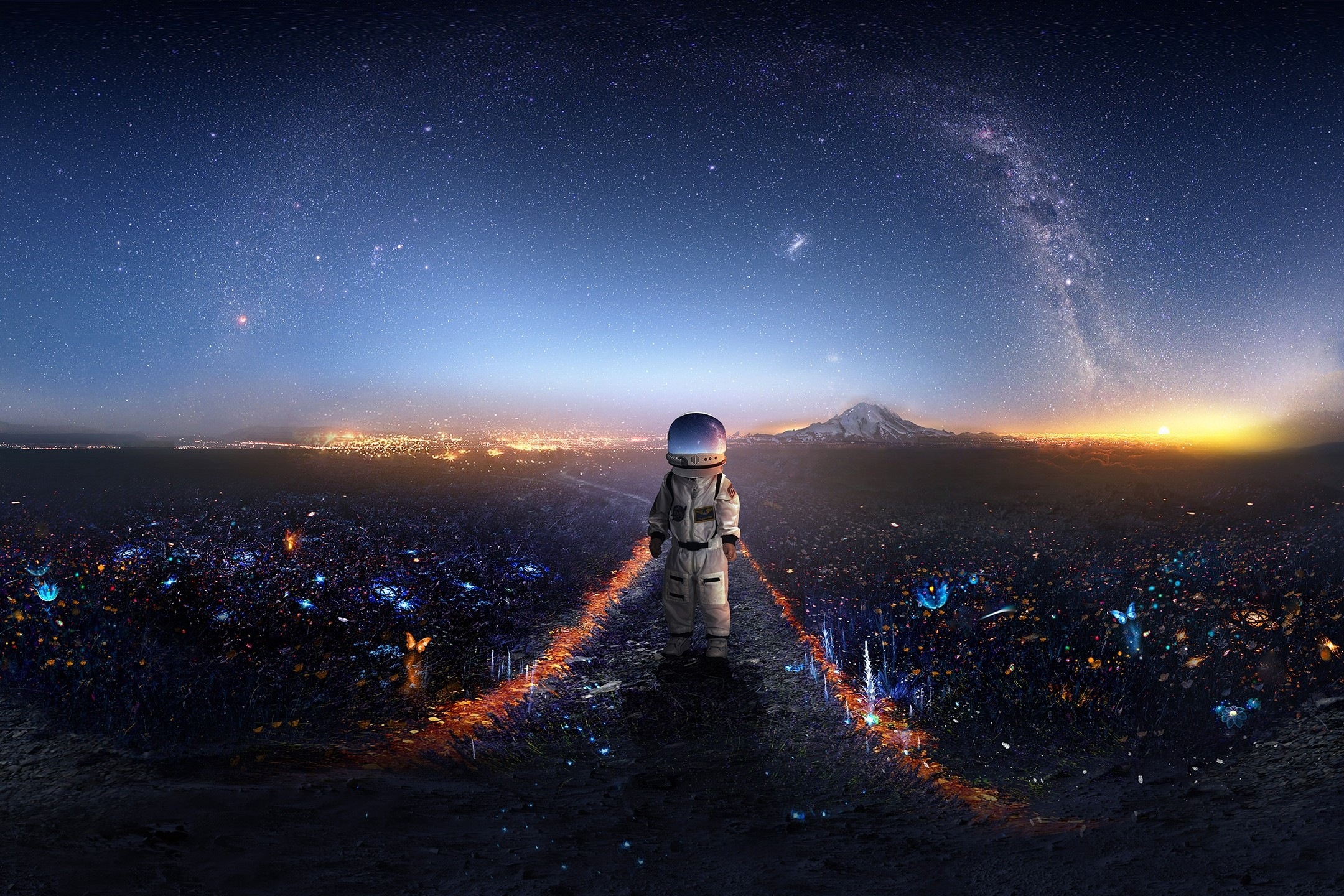 Download 2160x1440 Astronaut, Field, Stars, Digital Art, Path Wallpaper