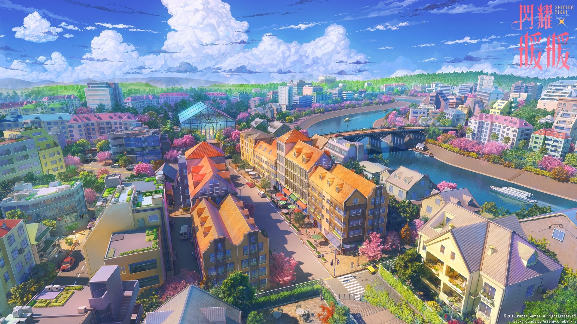 Download 1920x1080 Anime Cityscape, Artwork, Buildings, Toon Shading, Clouds, Slice Of Life Wallpaper for Widescreen