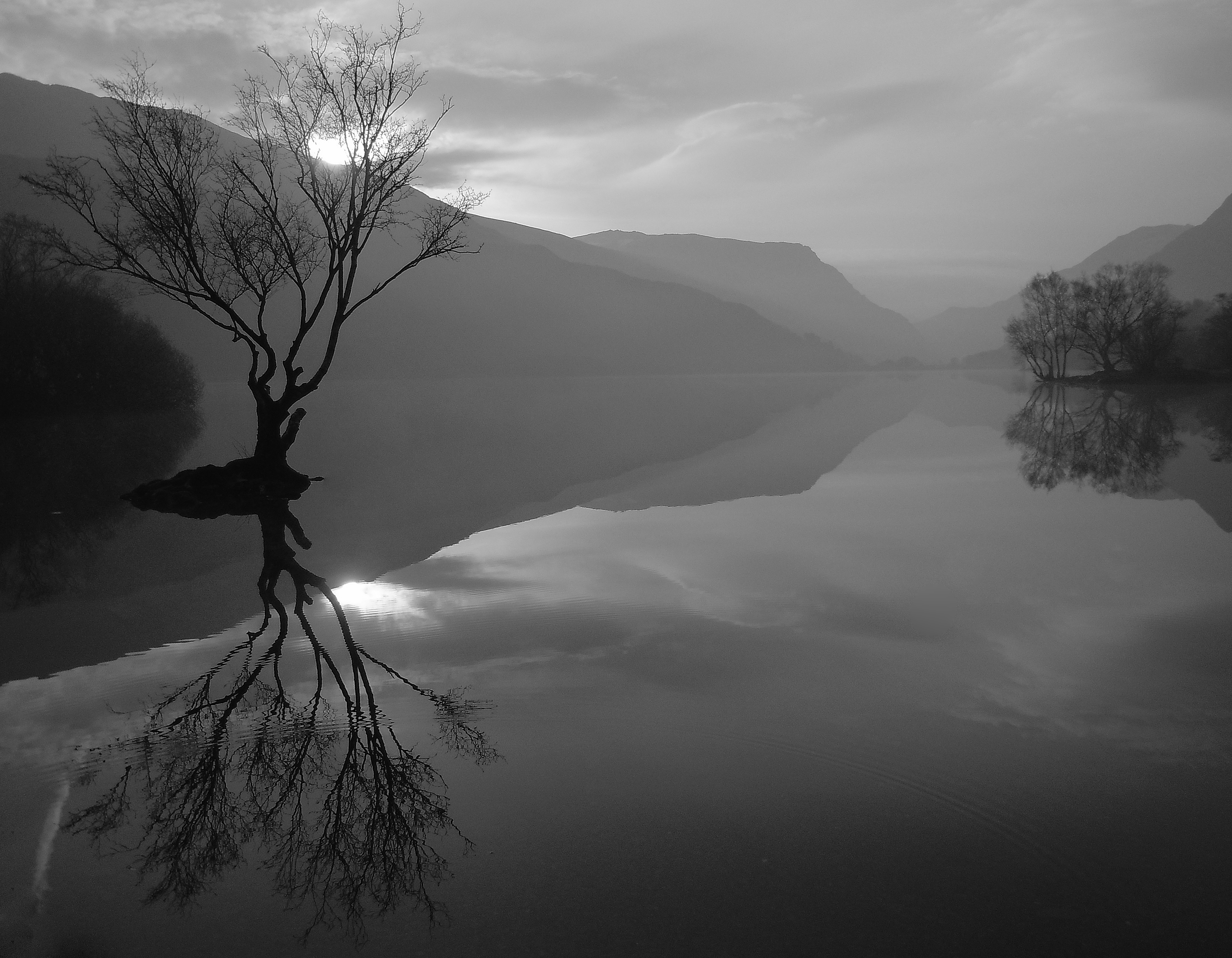 Black White Calm Clouds Lakes Landscapes Mountains Trees 4K Wallpaper
