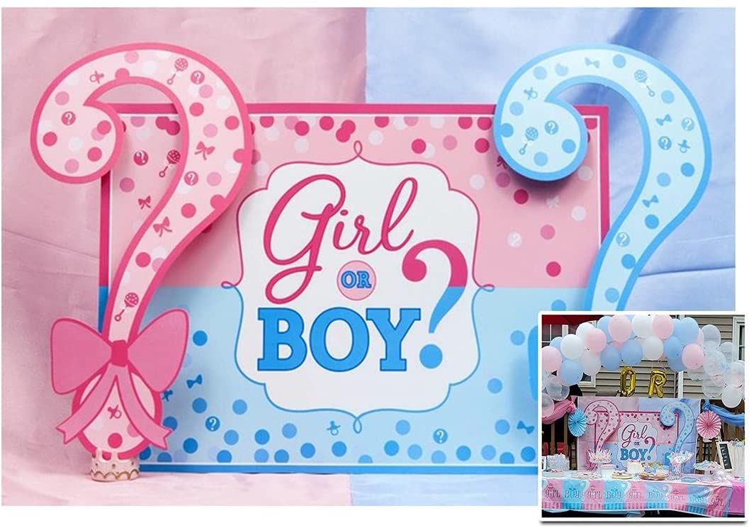 Amazon.com, AOFOTO 7x5ft Boy or Girl Baby Reveal Backdrop Pink Blue Dots Question Mark Background Baby Shower Party Cake Dessert Table Decorations Prince or Princess Gender Reveal Oh Baby Photo Shoot