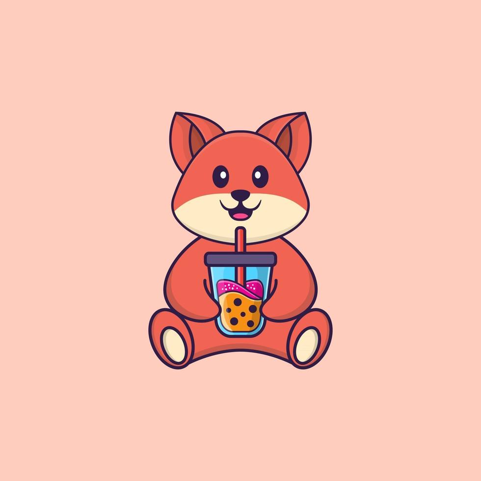 Cute Fox Drinking Boba Milk Tea. Animal Cartoon Concept Isolated. Can Used For T Shirt, Greeting Card, Invitation Card Or Mascot. Flat Cartoon Style