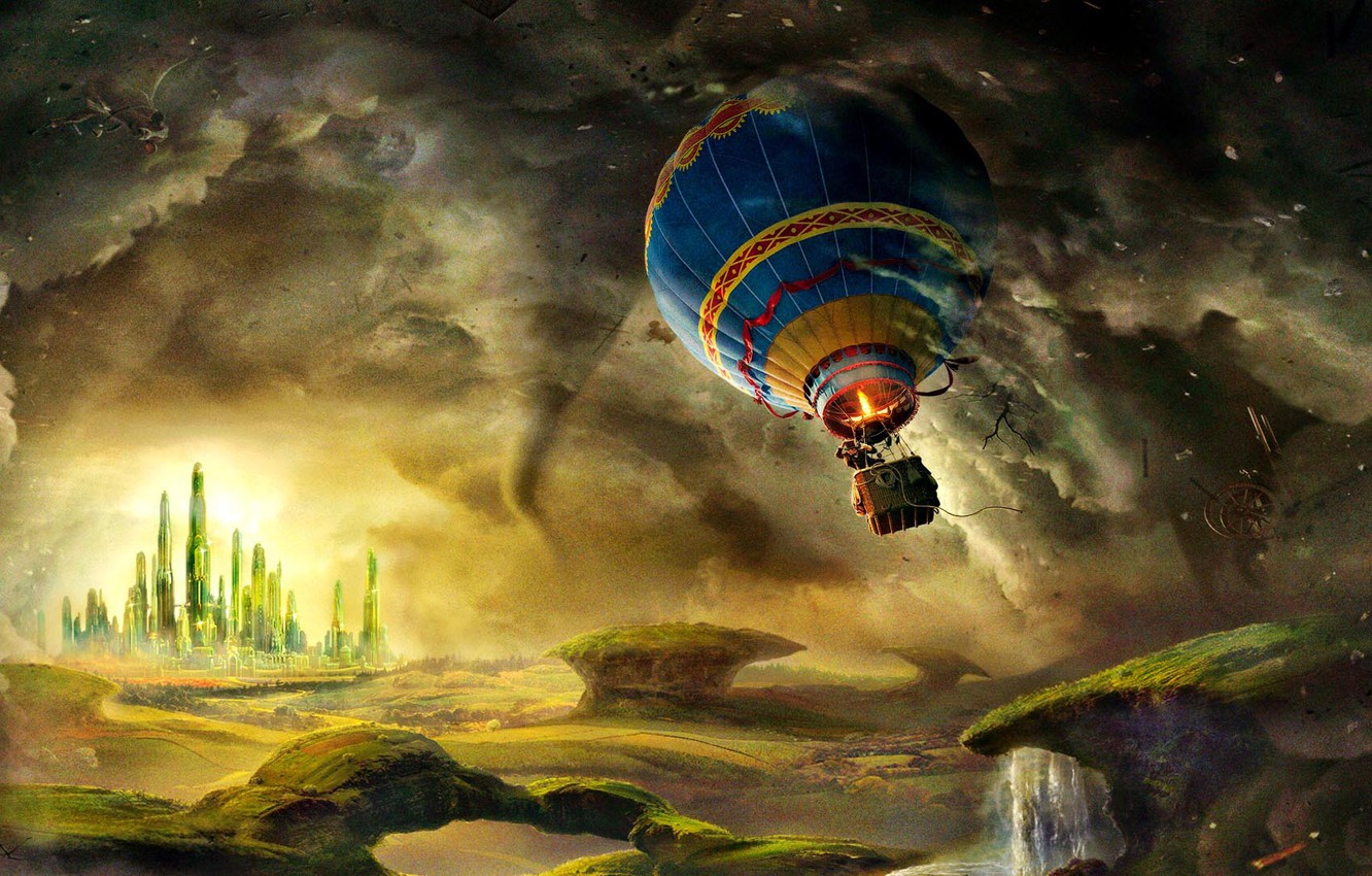 Wallpaper the wreckage, flight, hope, balloon, traveler, valley, tornado, tower, hurricane, adventure, James Franco, Oz the Great and powerful, Oz The Great And Powerful, emerald city image for desktop, section фантастика