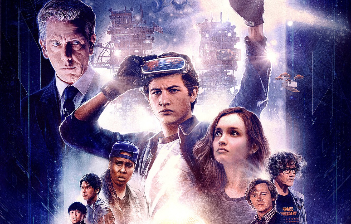 Wallpaper fiction, collage, art, poster, Simon Pegg, Simon Pegg, Olivia Cooke, Tye Sheridan, Olivia Cooke, Ready Player One, The first player to get ready, Tye Sheridan image for desktop, section фильмы