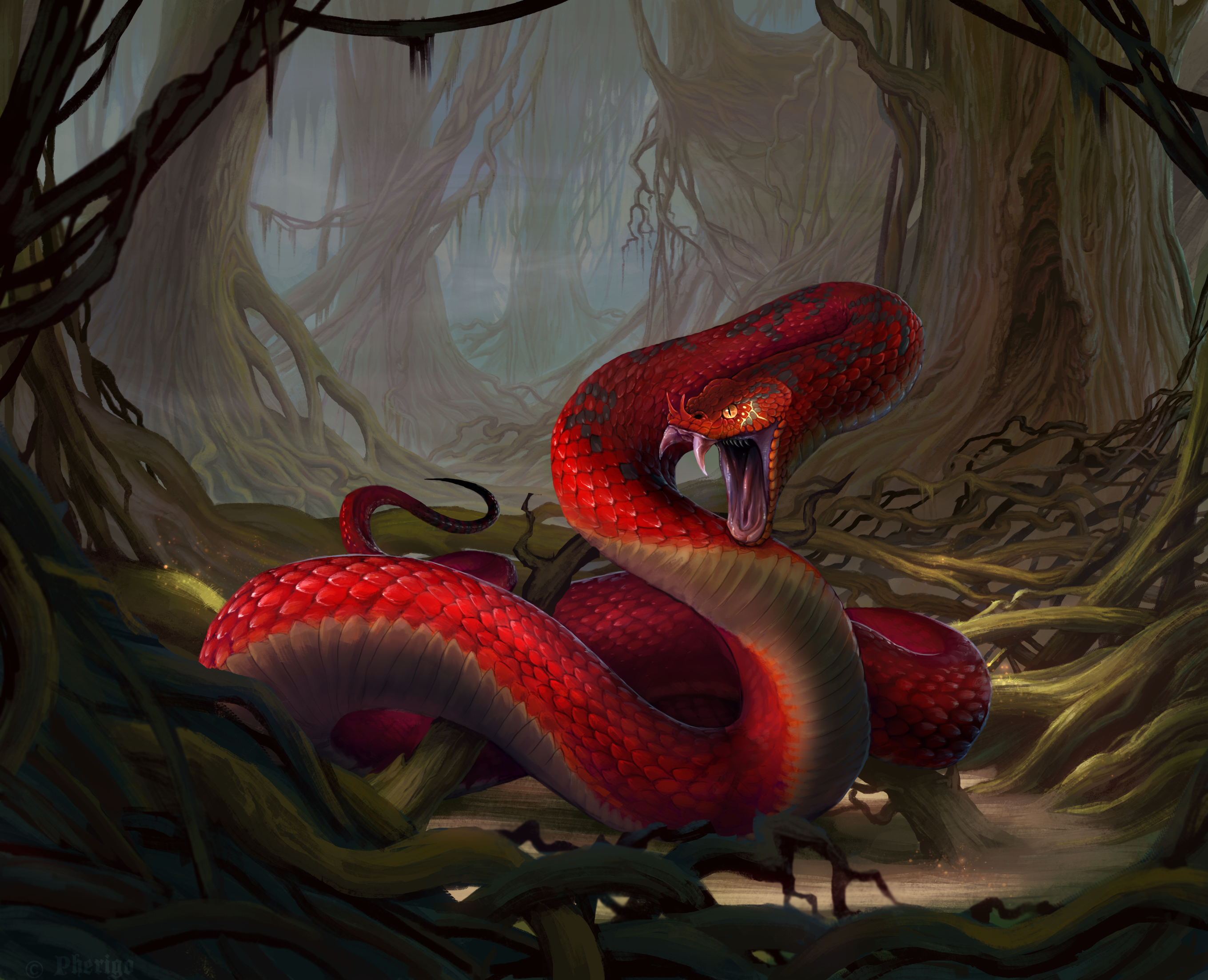Red snake baring its fangs HD Wallpaper