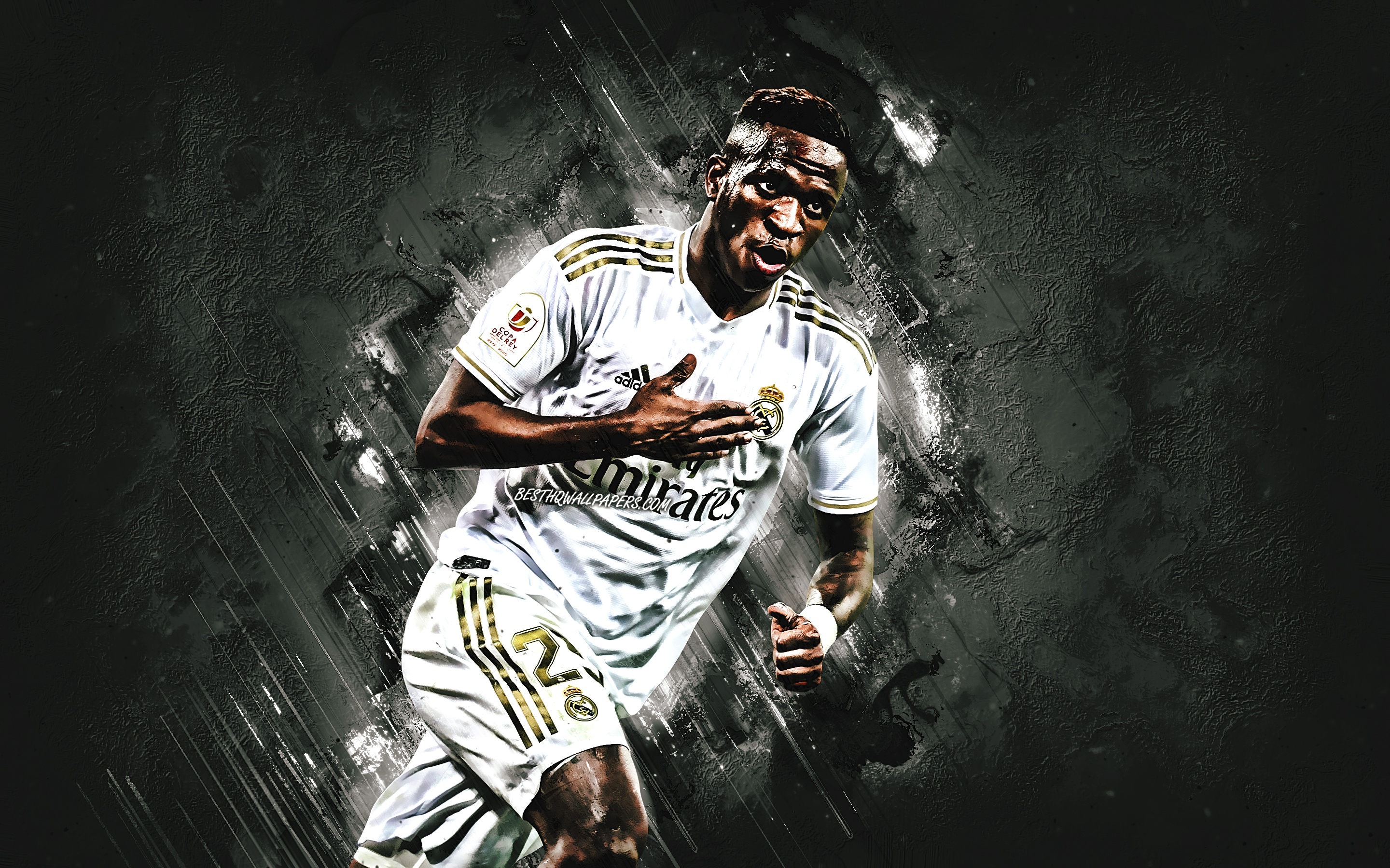 Download wallpaper Vinicius Junior, Real Madrid, portrait, Brazilian soccer player, midfielder, gray stone background, La Liga, Spain for desktop with resolution 2880x1800. High Quality HD picture wallpaper