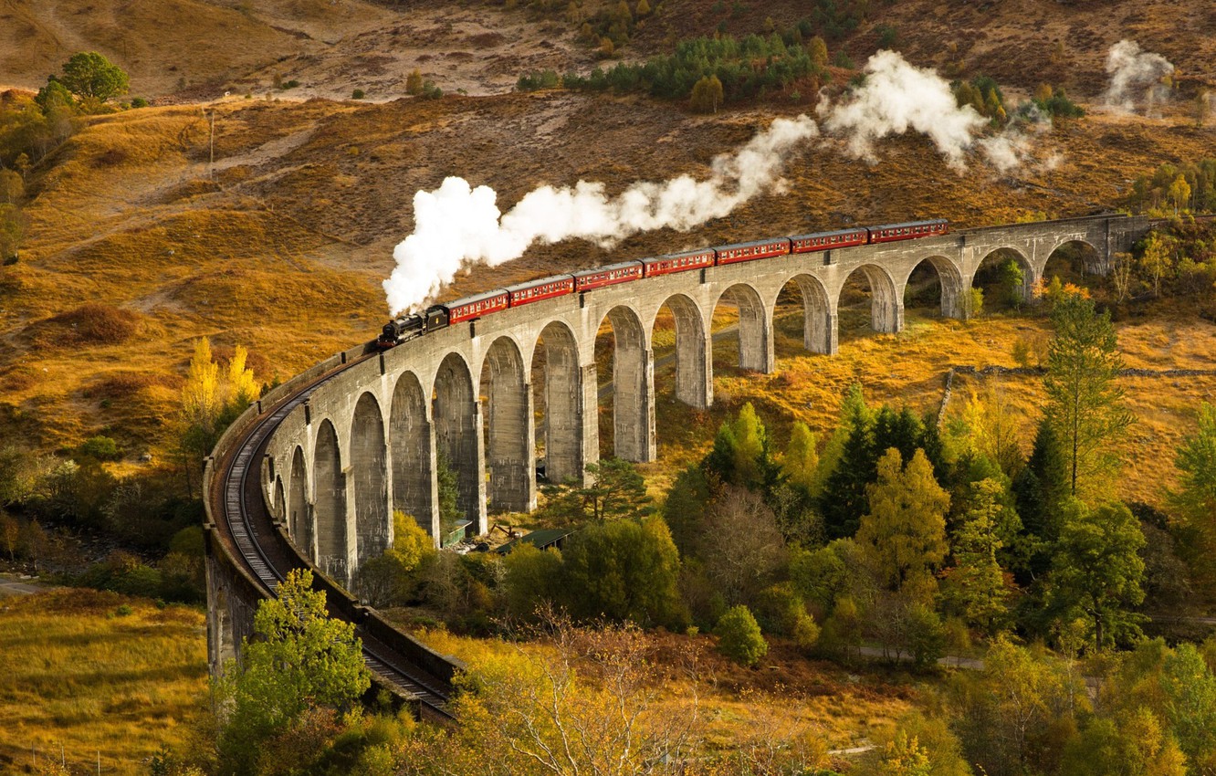Wallpaper Autumn, Train, Glenfinnan, Arched bridge image for desktop, section пейзажи