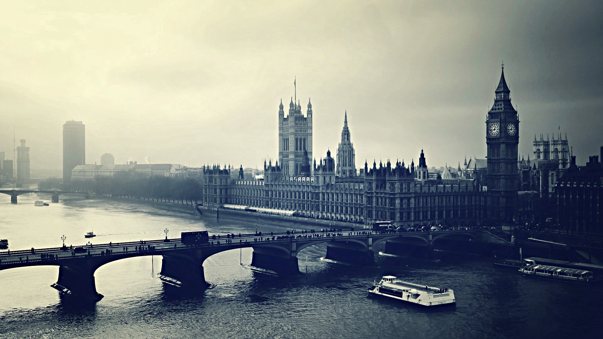 Download wallpaper 1920x1080 london, big ben, night, river, building, top view, black white full hd, hdtv, fhd, 1080p HD background