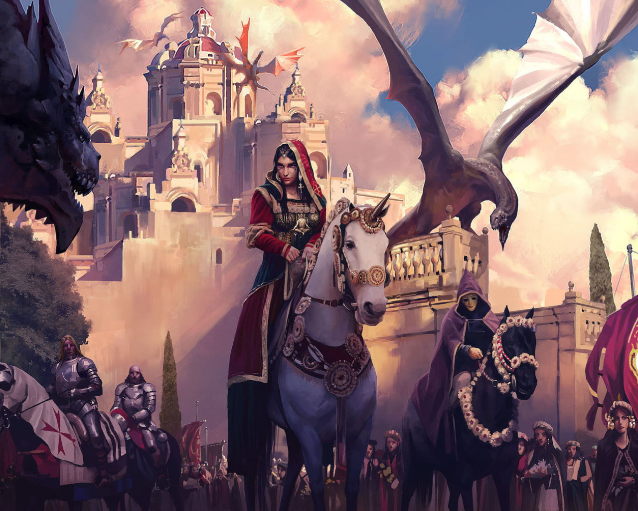Unicorn wallpaper, digital art, women, warrior, army, flag, mask, dragon, castle • Wallpaper For You HD Wallpaper For Desktop & Mobile