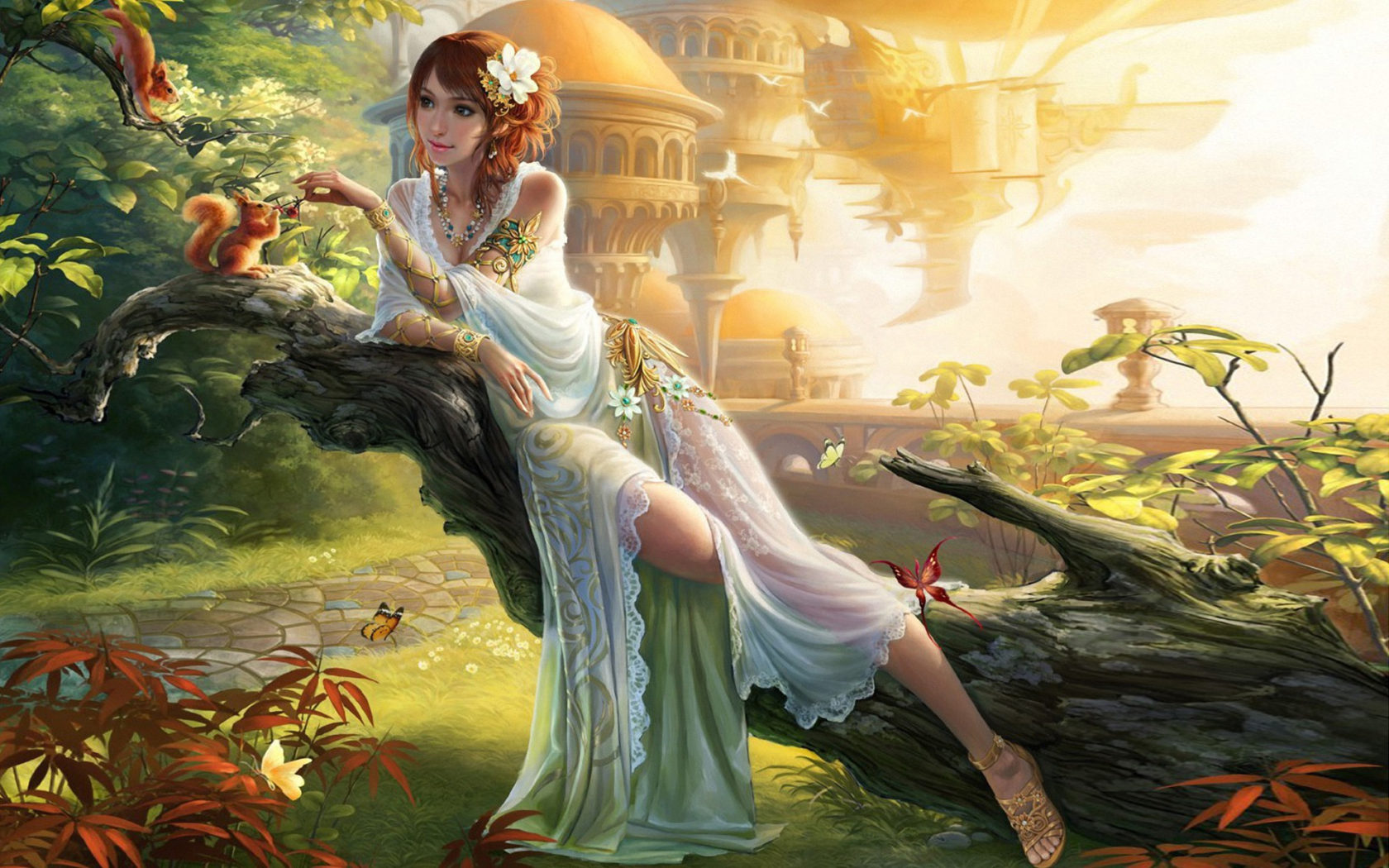 Beautiful girl Princess in beautiful white dress flower in the hair castle garden art Fantasy Wallpaper HD 1920x1200, Wallpaper13.com