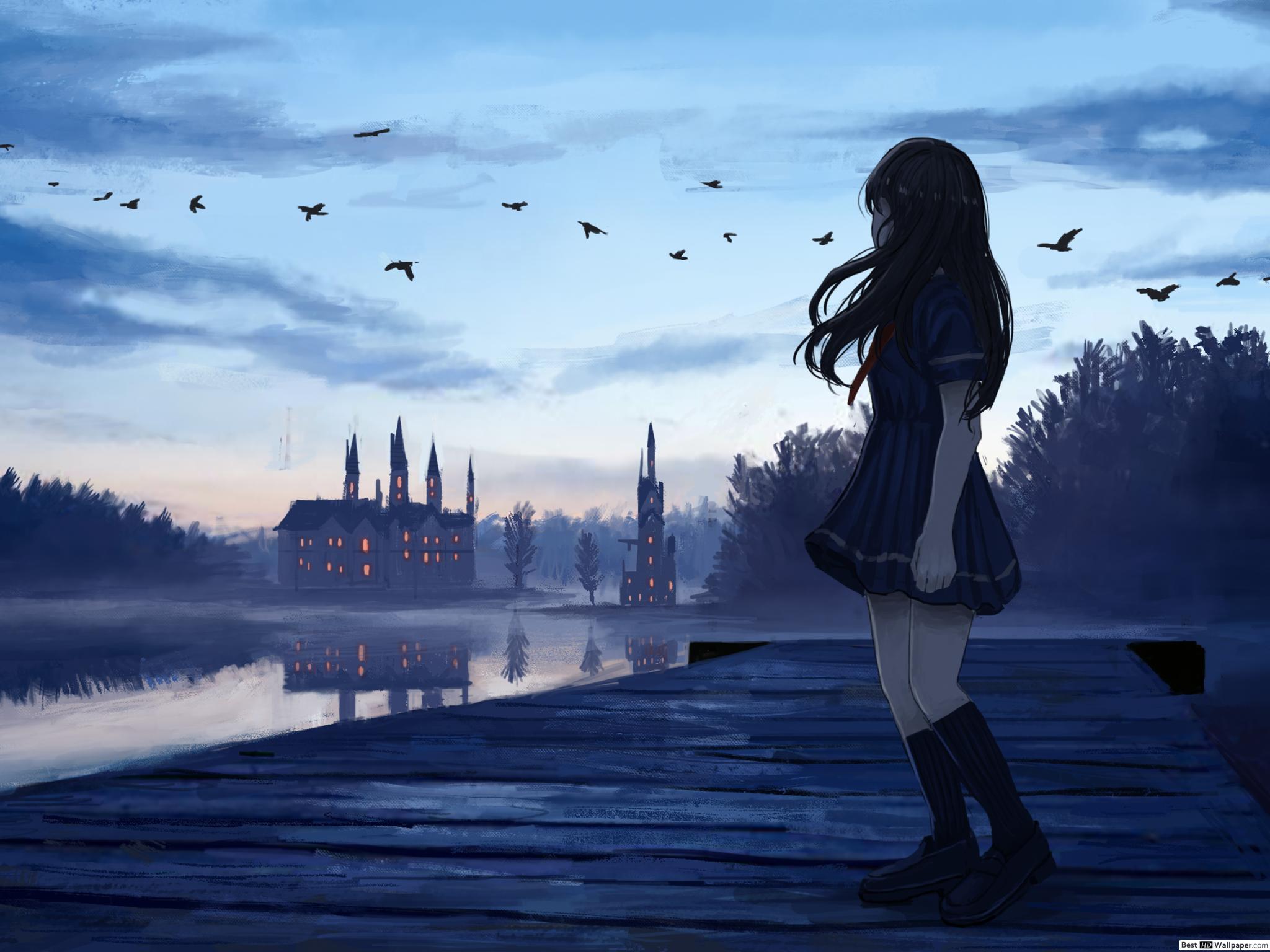 Girl on a pier, looking at a castle HD wallpaper download