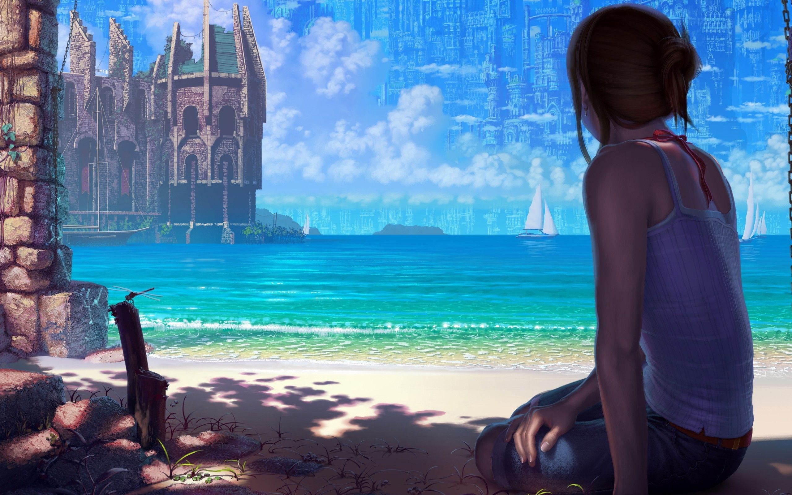 women beach castles sand fantasy art artwork sitting / 2560x1600 Wallpaper. Fantasy city, Digital wallpaper, Fantasy art