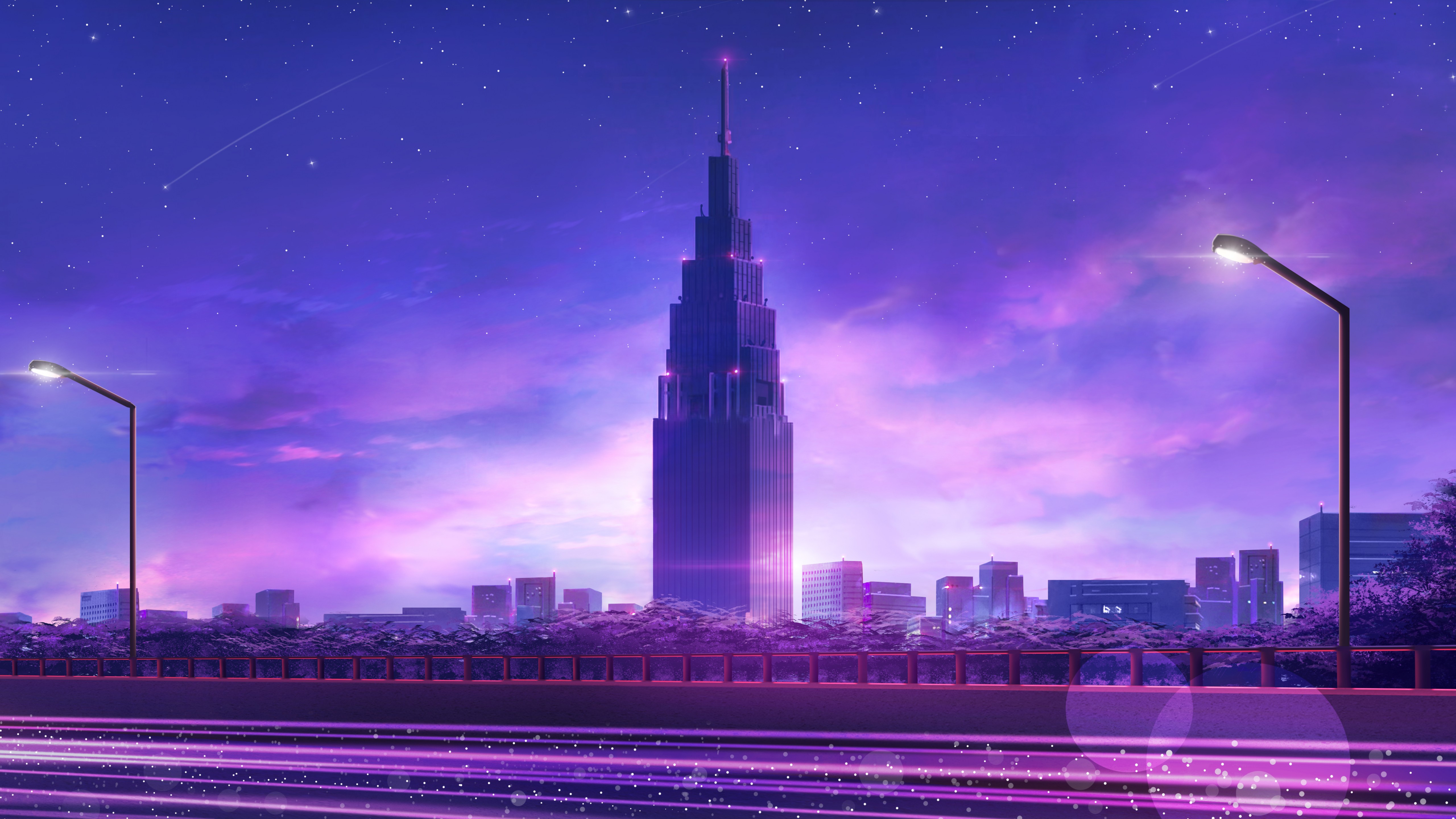 Wallpaper, cityscape, pink, blue, tower, building, colorful 5120x2880
