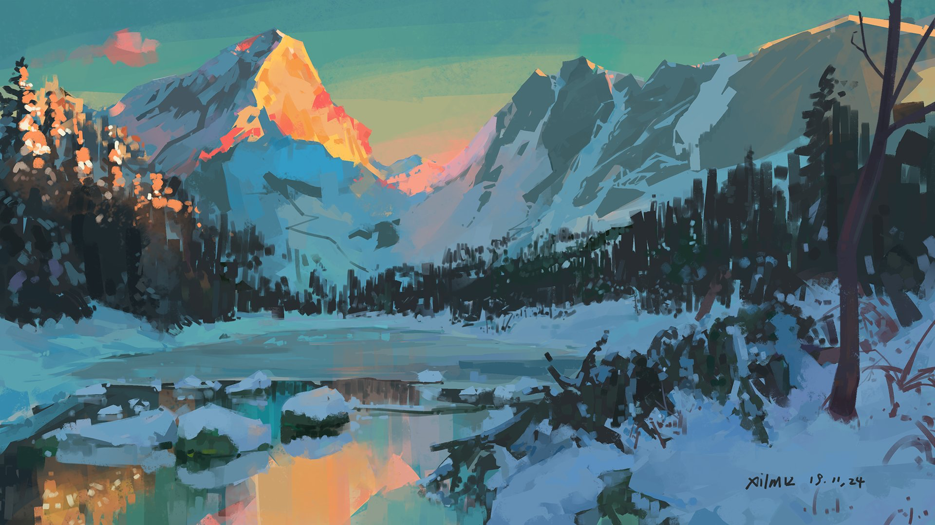 Wallpaper, anime, landscape, winter, mountains, XilmO 1920x1080