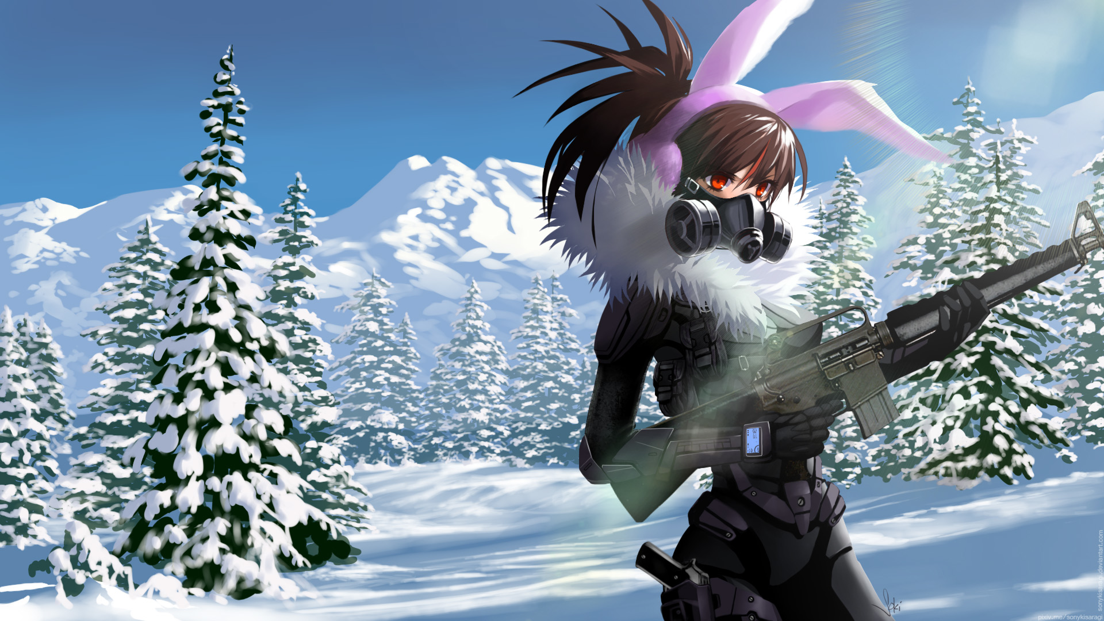 Download 3840x2160 Anime Girl, Gun, Armored, Gas Mask, Bunny Ears, Snow, Mountain, Winter Wallpaper for UHD TV
