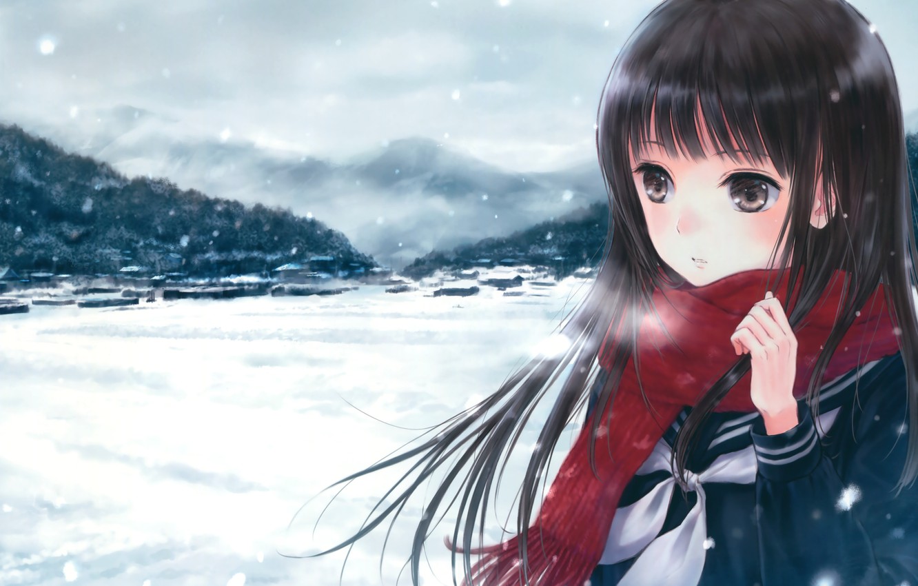 Wallpaper winter, girl, snow, mountains, the city, anime, scarf, art, couples, hidetoshi fujita image for desktop, section прочее