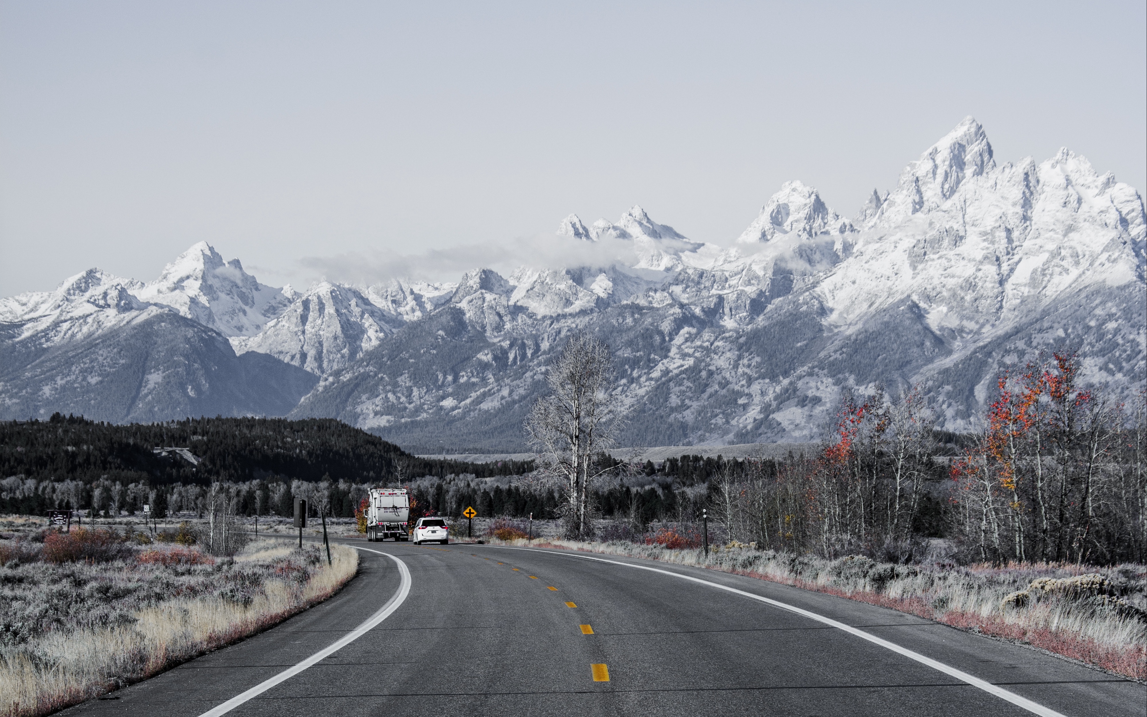 Wallpaper Road, Asphalt, Mountains, Turn, Wyoming Teton National Park