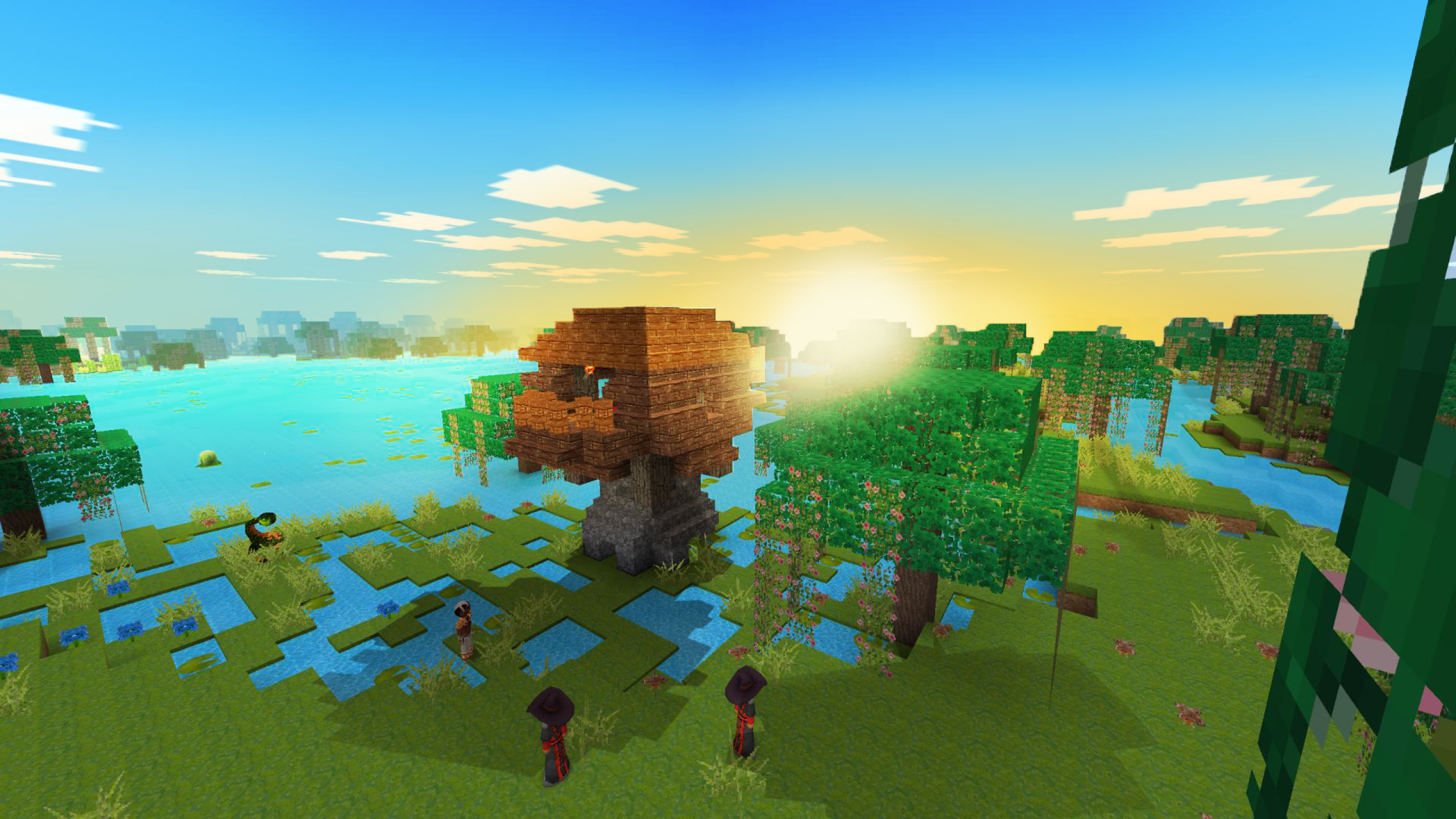 Download 2560x1440 Minecraft, Pixel Games, Survival, Clouds, Sun Wallpaper for iMac 27 inch