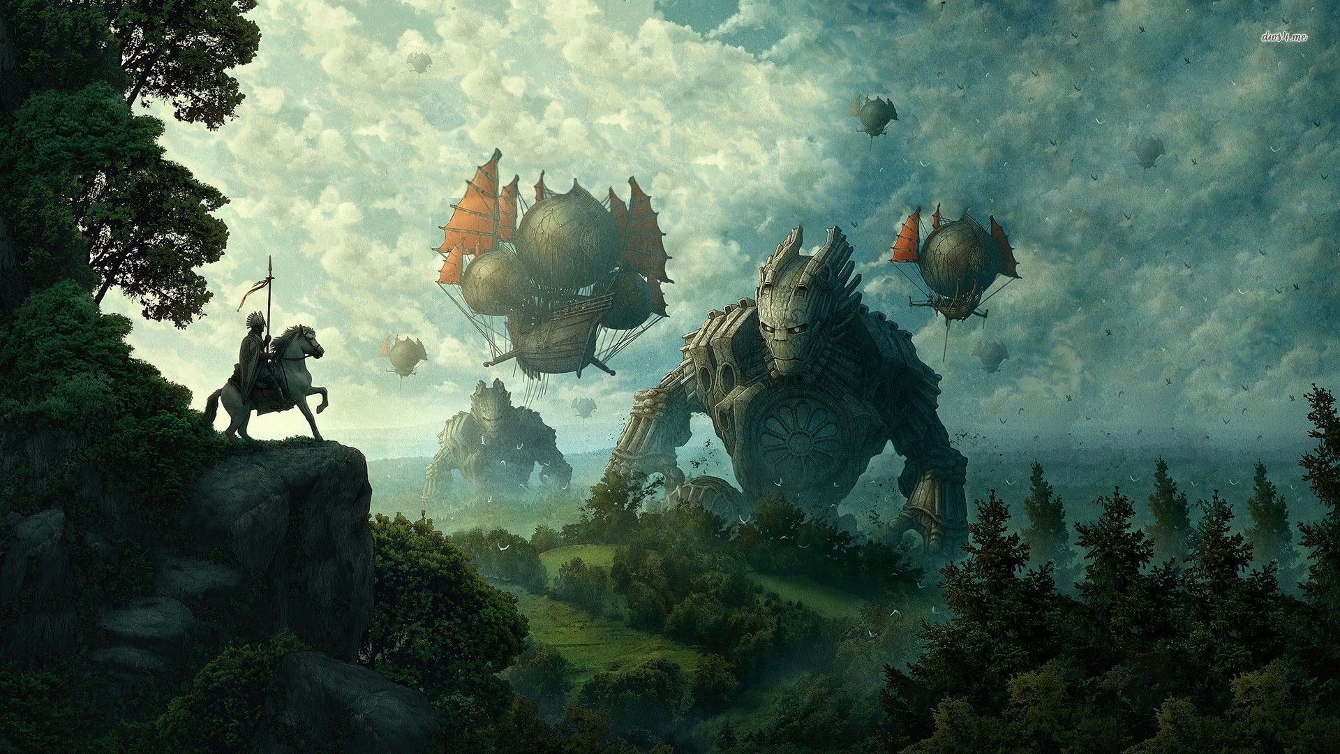 Wallpaper, robot, Europa, Europe, horse, pine trees, clouds, fantasy art, medieval, birds 1920x1080