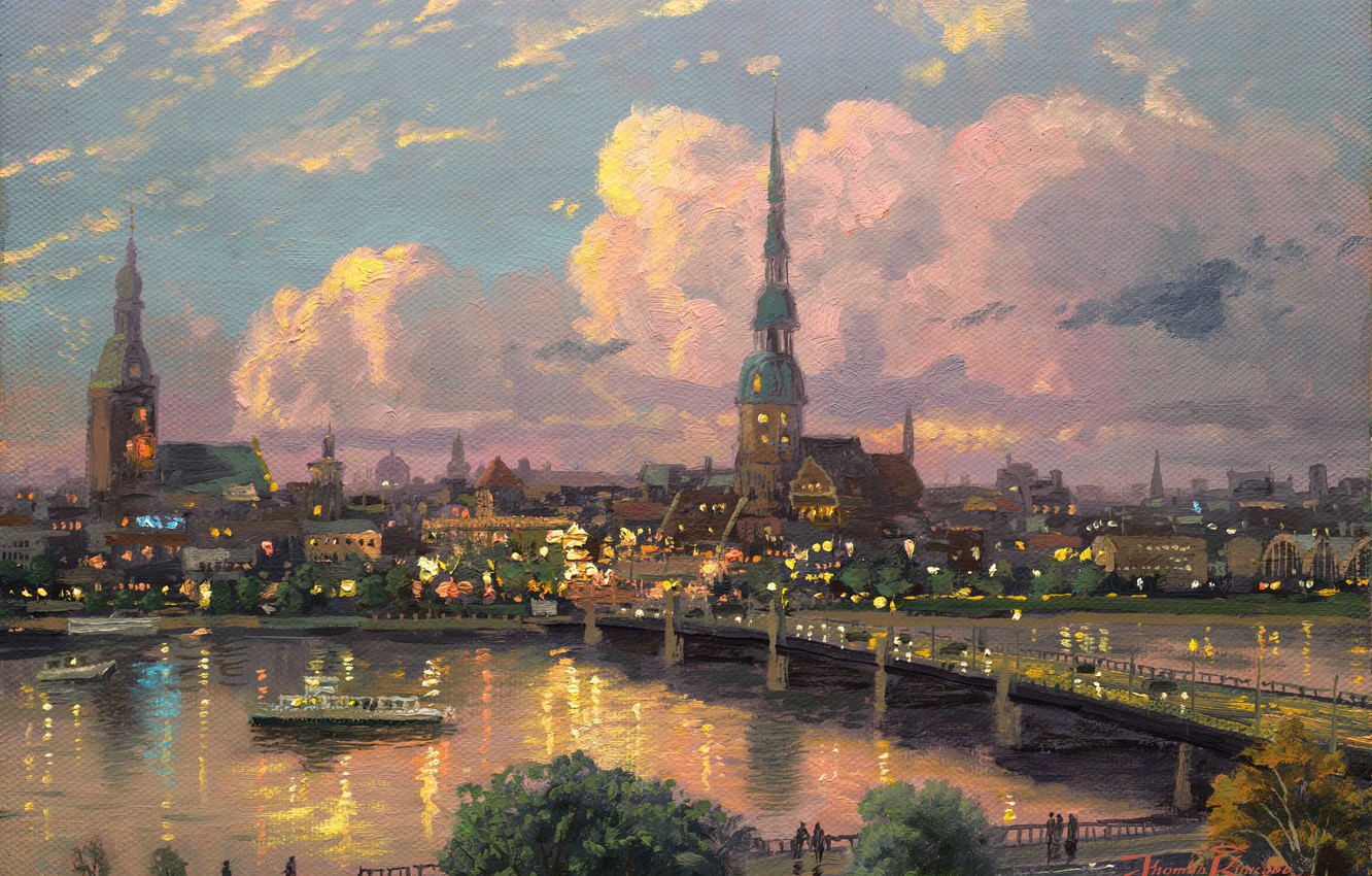 Wallpaper sunset, bridge, the city, river, area, Europe, old, painting, spire, medieval, great, Thomas Kinkade, painting, Thomas Kinkade, Riga, Latvia image for desktop, section живопись