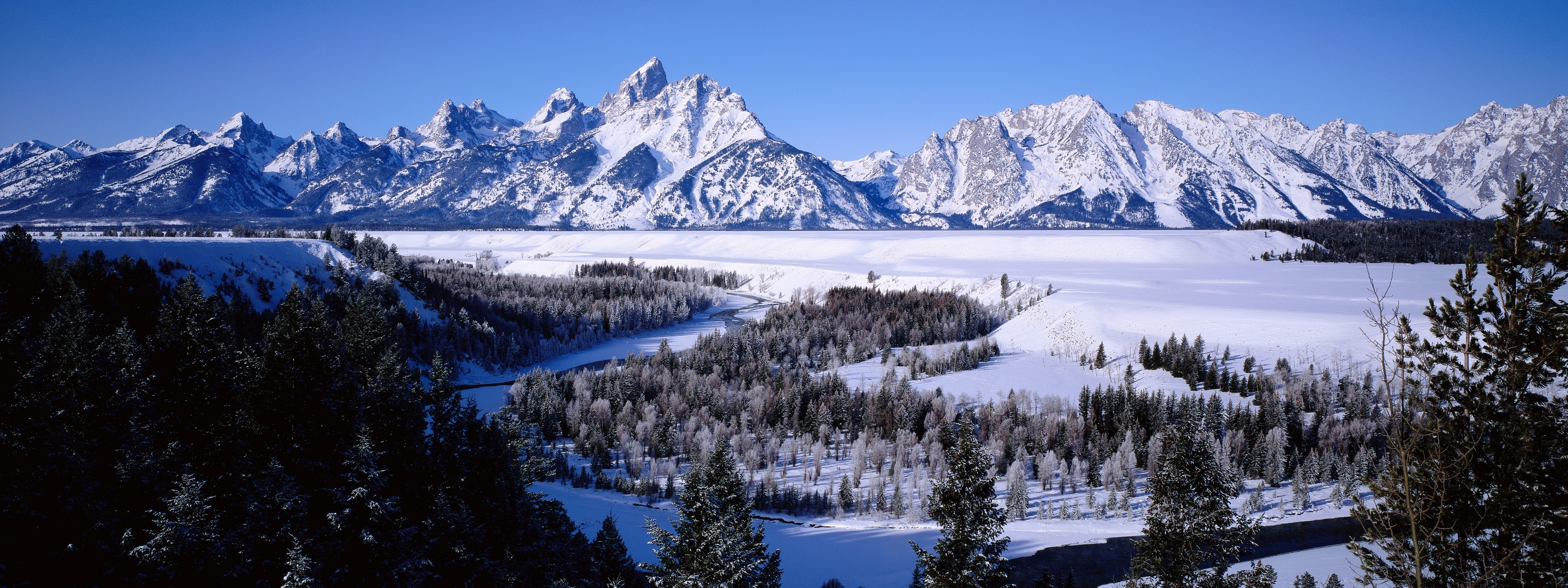 mountains landscapes winter snow forest wyoming tetons dual monitor 3200x1200 wallpaper