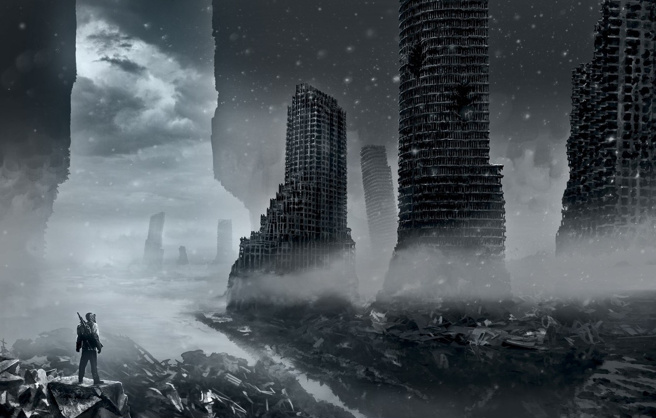 Wallpaper winter, snow, clouds, the city, weapons, destruction, art, devastation, ruins, romance of the Apocalypse, romantically apocalyptic, alexiuss image for desktop, section фантастика