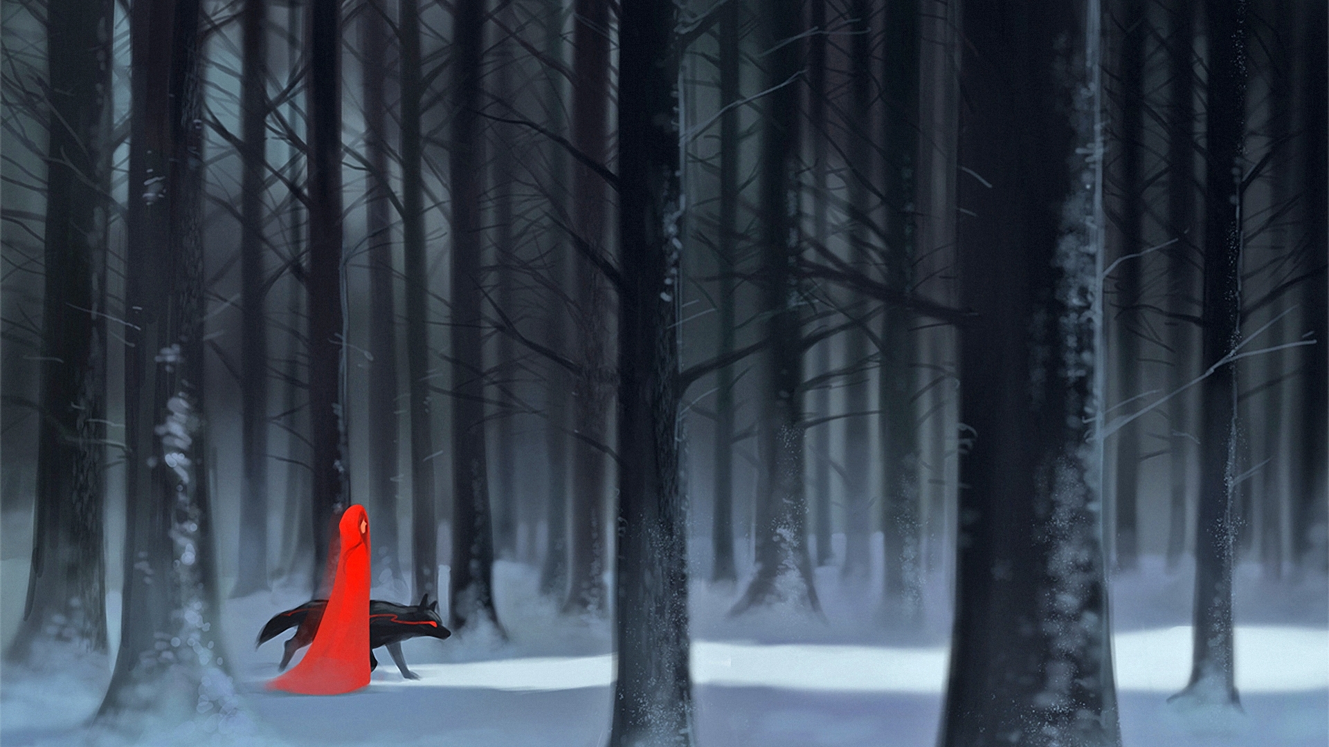 Wallpaper / forest, art, magic, red riding hood, winter, fantasy, dark, painting, wolf