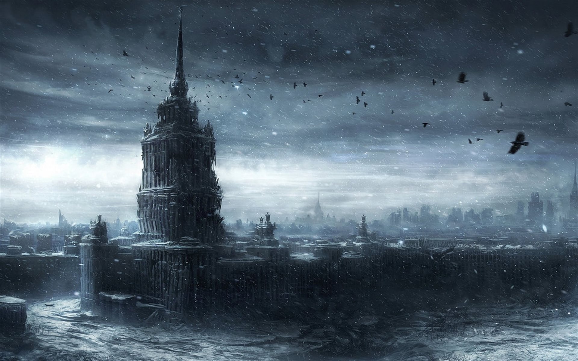 Download wallpaper Moscow, apocalypse, snow, crow, winter, ruins, abandoned buildings for desktop with resolution 1920x1200. High Quality HD picture wallpaper