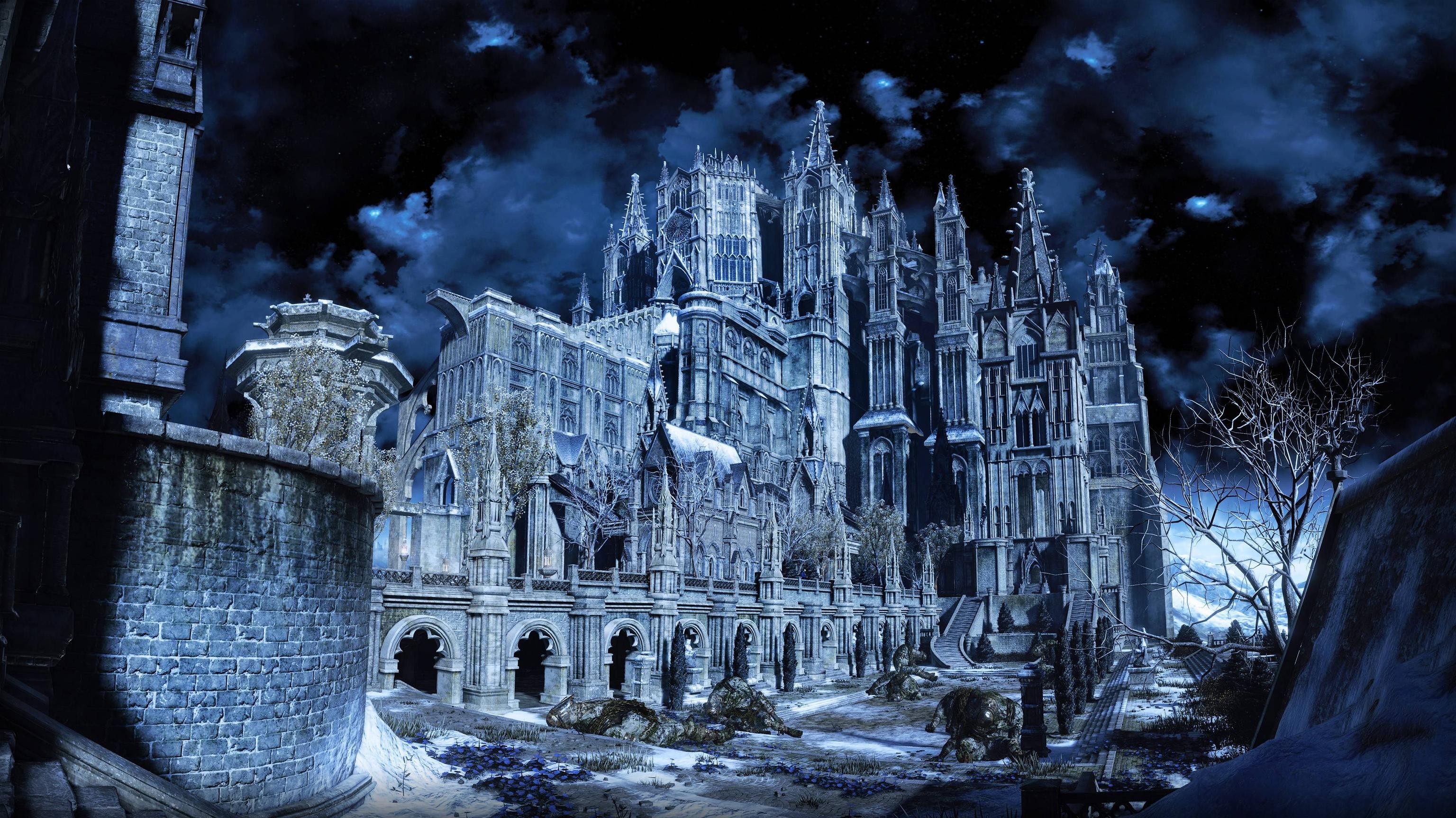 Wallpaper, cityscape, night, snow, winter, Dark Souls III, cathedral, metropolis, Gothic architecture, light, darkness, landmark, screenshot, computer wallpaper 3072x1728