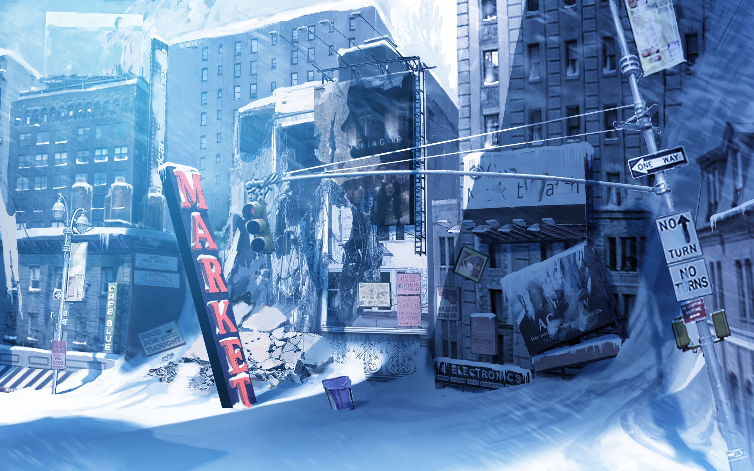 winter, Snow, Cityscapes, Post apocalyptic, Signs, Buildings, Traffic, Lights, Power, Lines Wallpaper HD / Desktop and Mobile Background