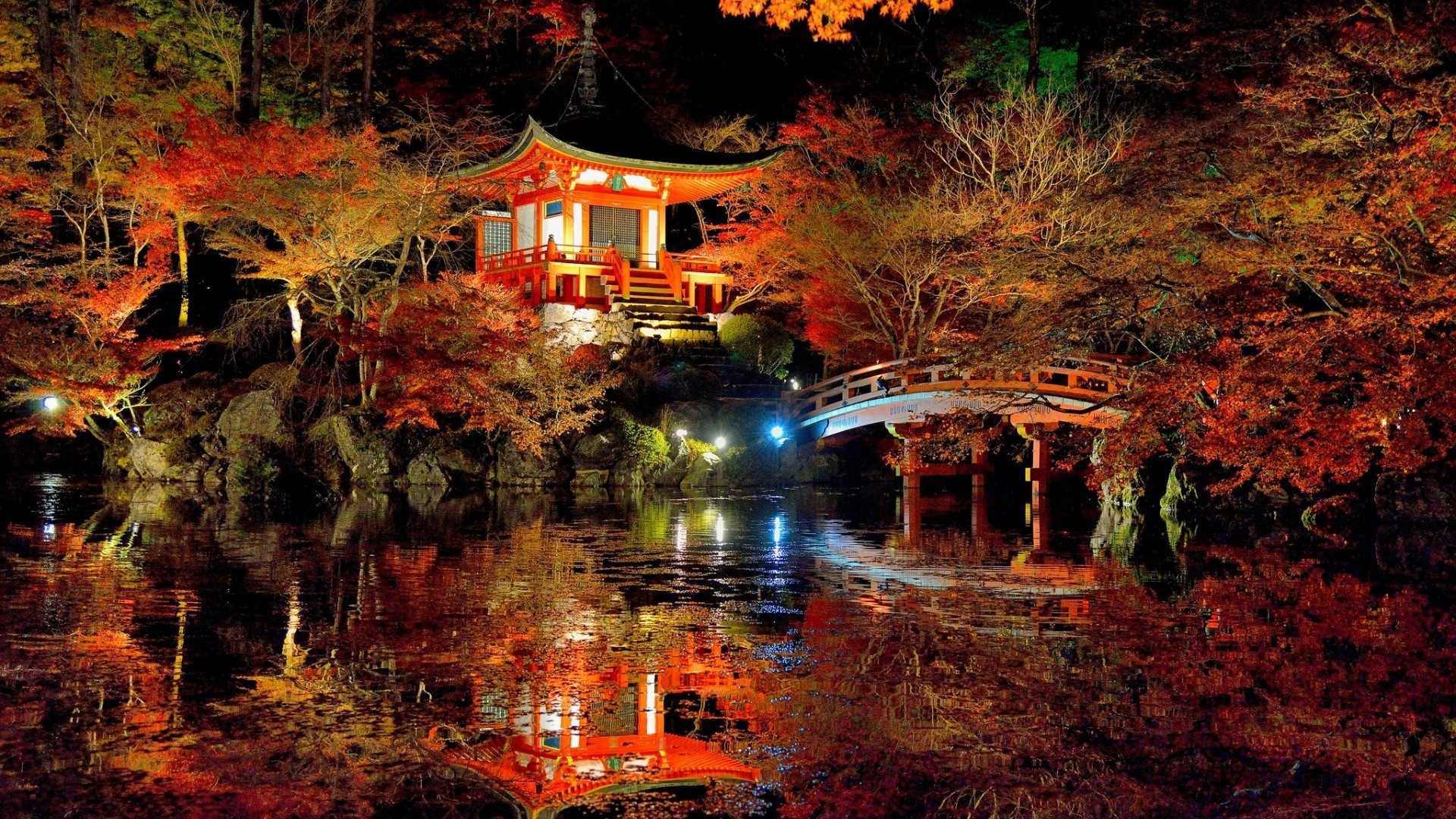 Download Pond Tree Pagoda Fall Reflection Japanese Garden Religious Daigo Ji HD Wallpaper
