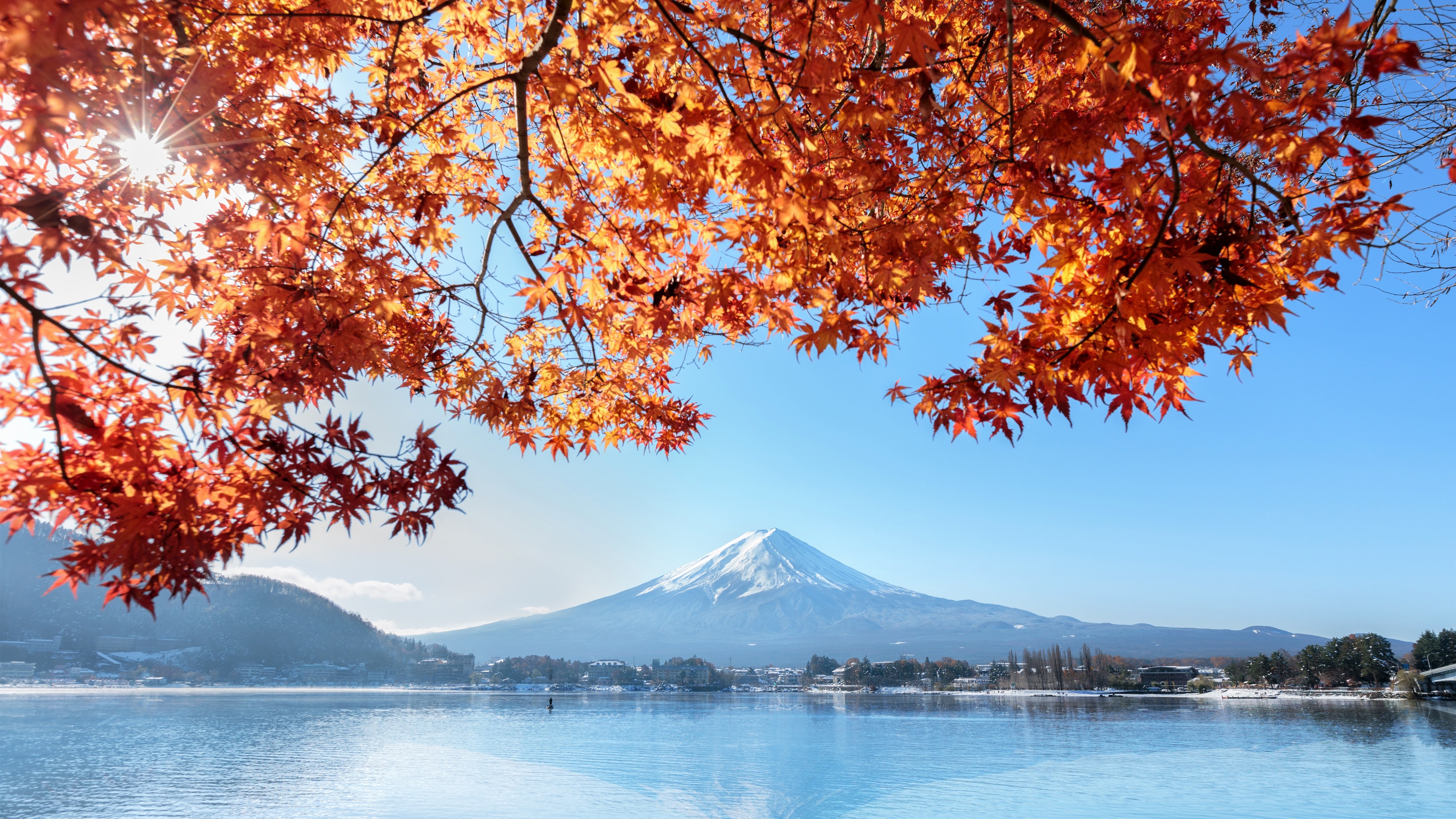 Wallpaper Fuji Mountain, red maple leaves, lake, autumn, Japan 5120x2880 UHD 5K Picture, Image