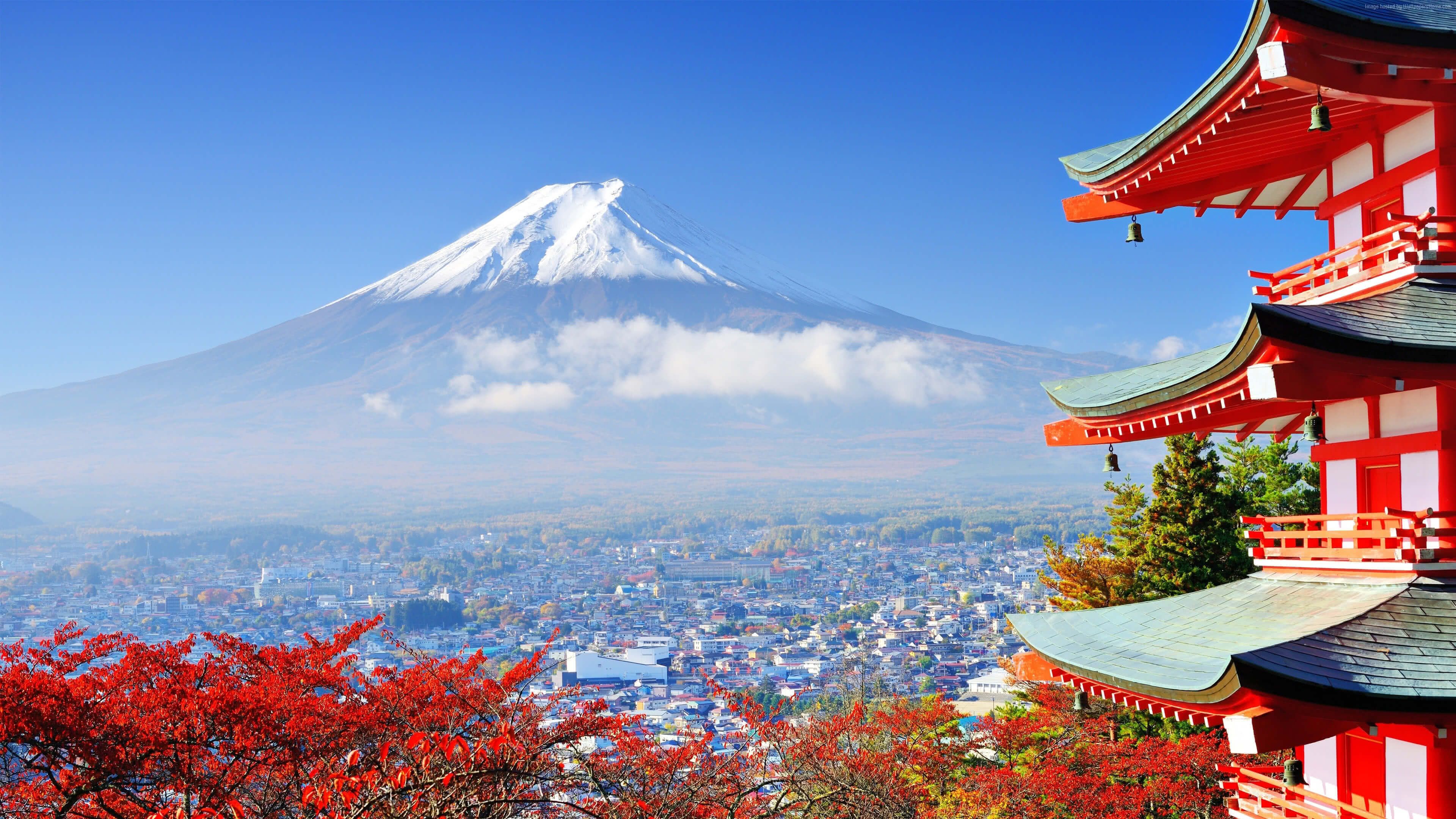 View Of Mount Fuji From A Red Pagoda, Tokyo UHD 4K Wallpaper. Japan tourist, Mount fuji japan, Japan travel