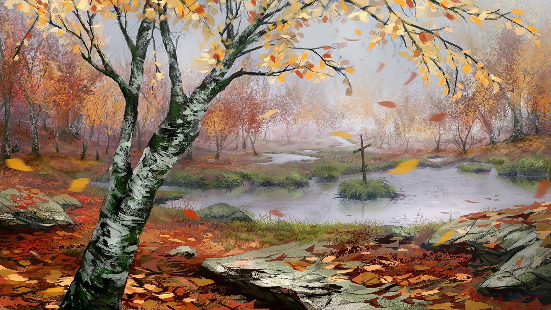 image Birch Autumn Nature Swamp Cross Painting Art 1920x1080