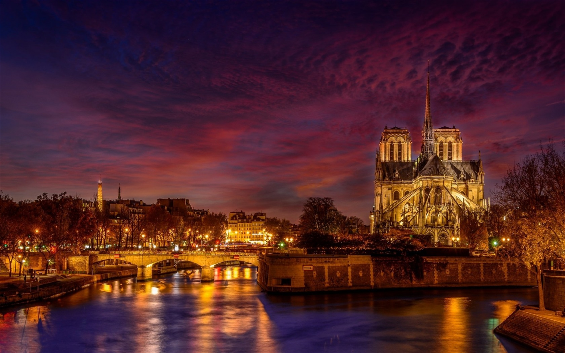 Download wallpaper Notre Dame de Paris, Catholic cathedral, evening, autumn, river, city lights, landmark, Paris, France for desktop with resolution 1920x1200. High Quality HD picture wallpaper