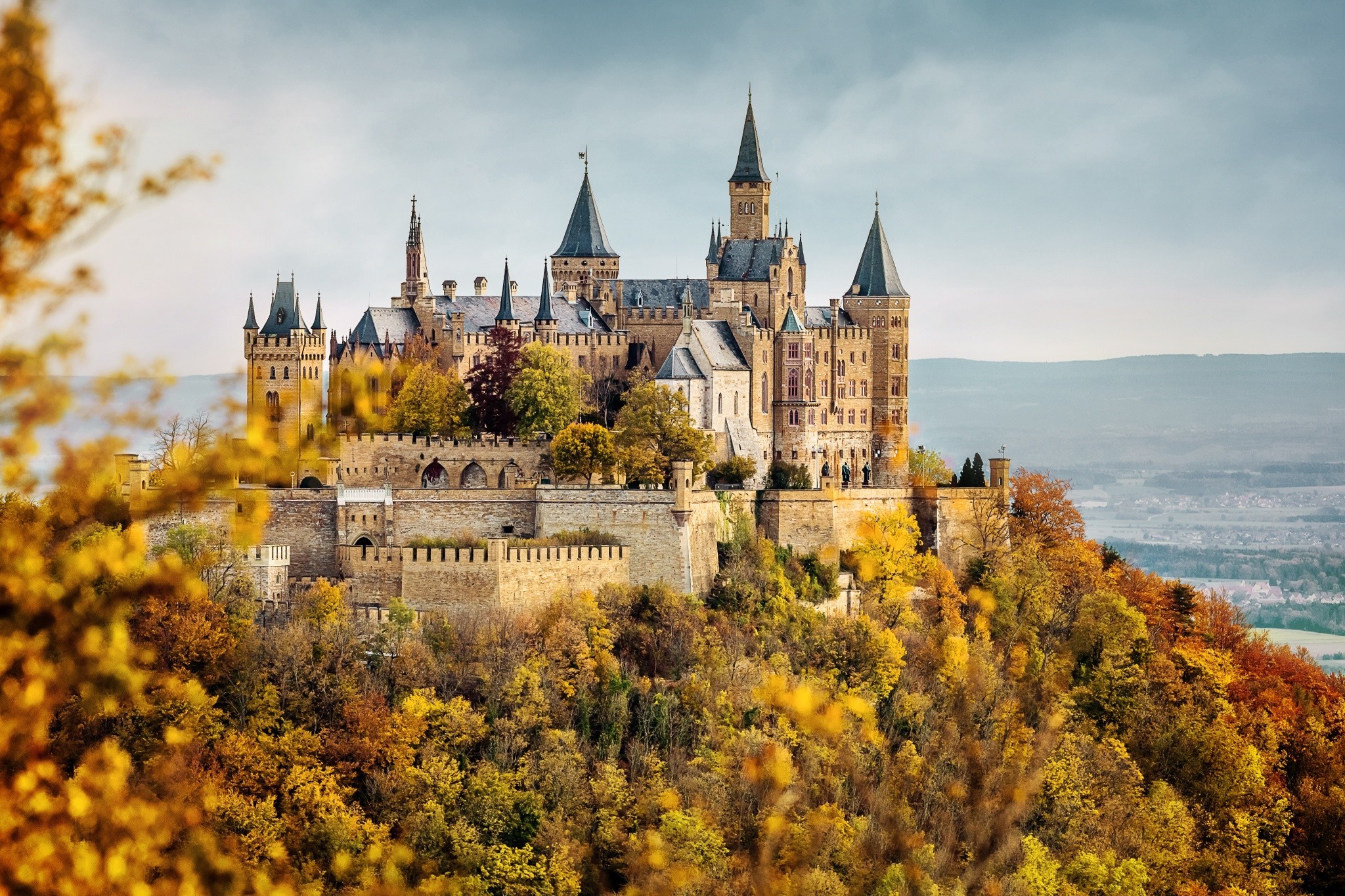 Wallpaper, 2048x1365 px, architecture, building, Burg Hohenzollern, castle, clouds, fall, forest, Germany, hill, landscape, leaves, nature, tower, trees, walls 2048x1365