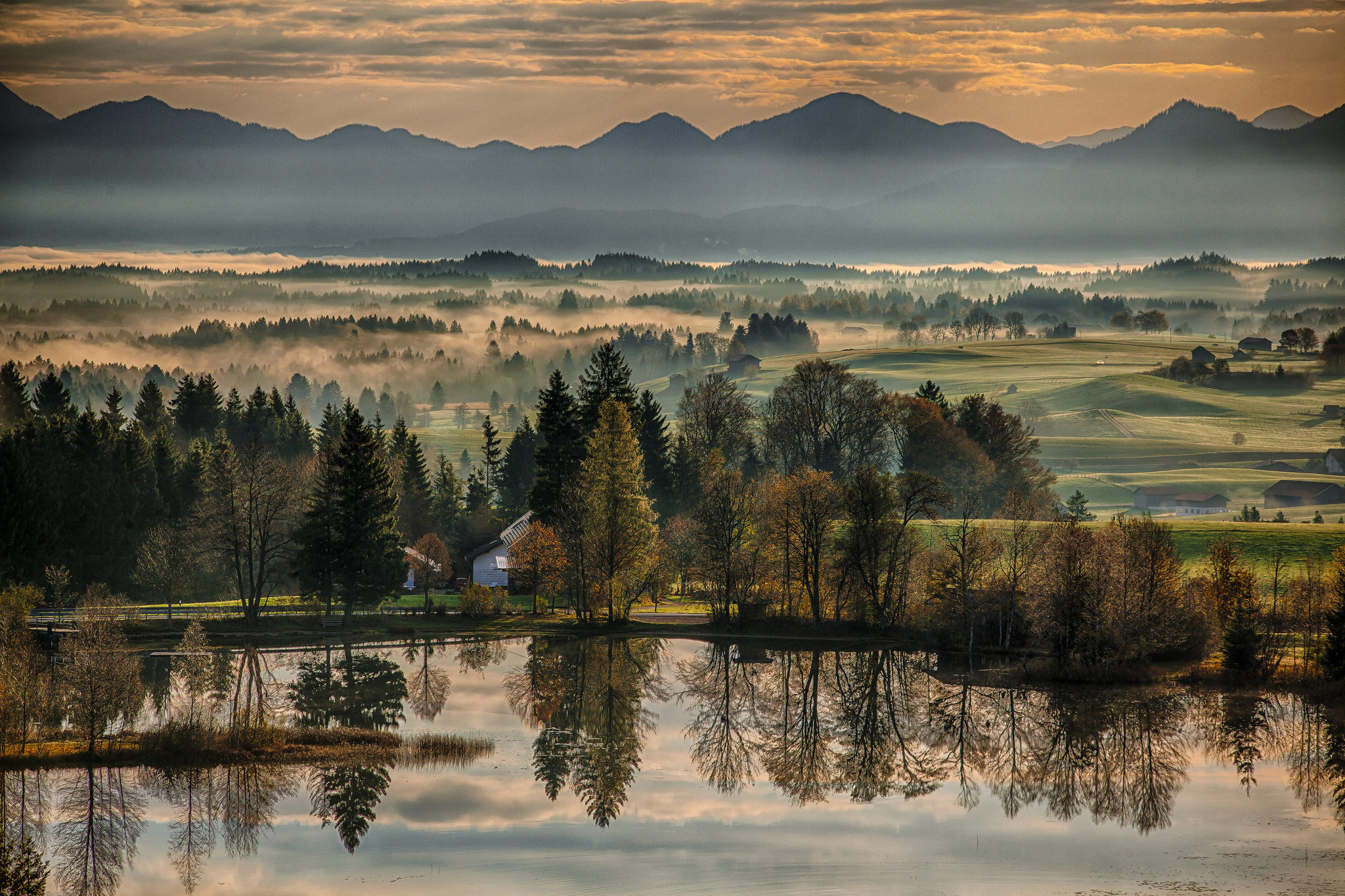 Bavaria Germany autumn river morning dawn reflection trees mountains landscape wallpaperx1365