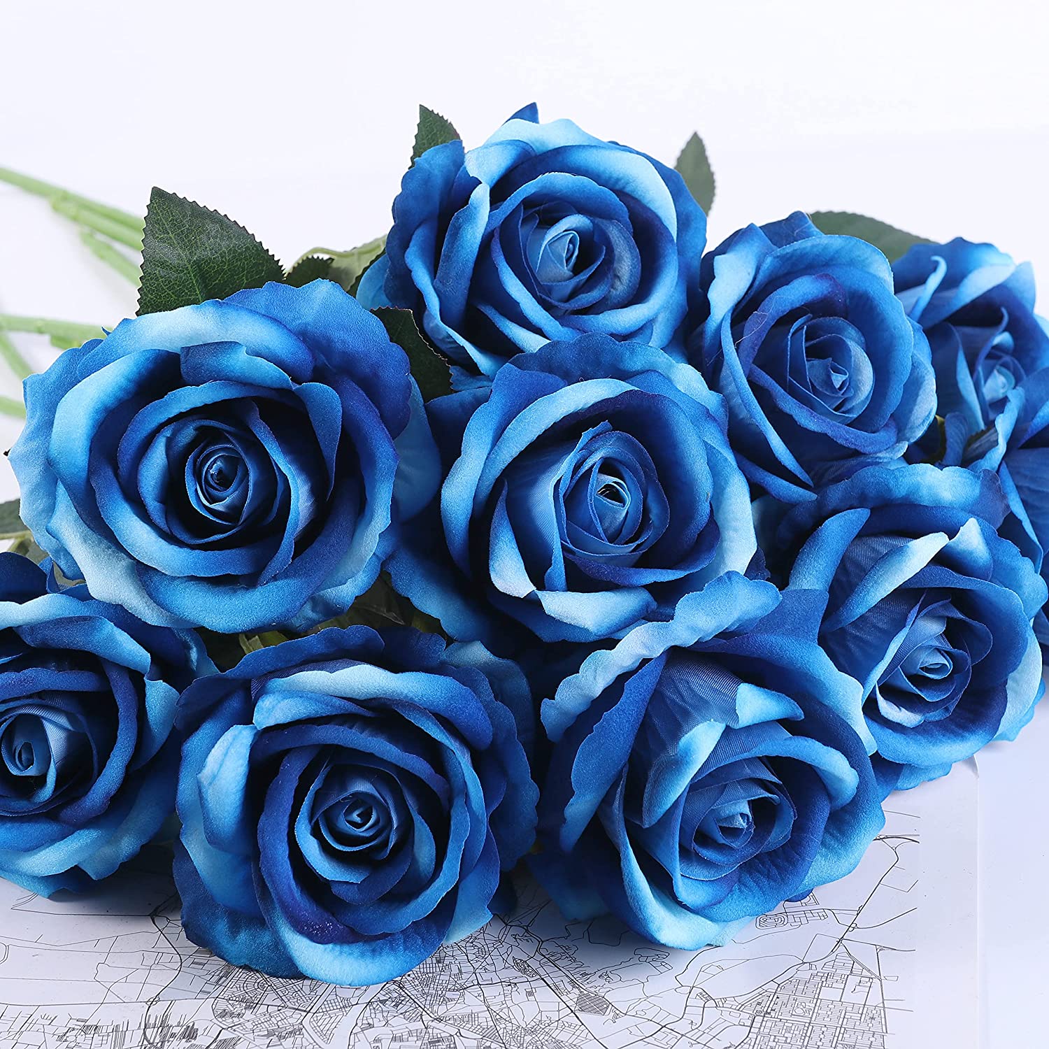 Louiesya Artificial Flowers Fake Flowers Bouquet Silk Roses Real Touch for Home Garden Party Floral Decor 6 Pcs Bridal Wedding Bouquet（Blue）, Home & Kitchen