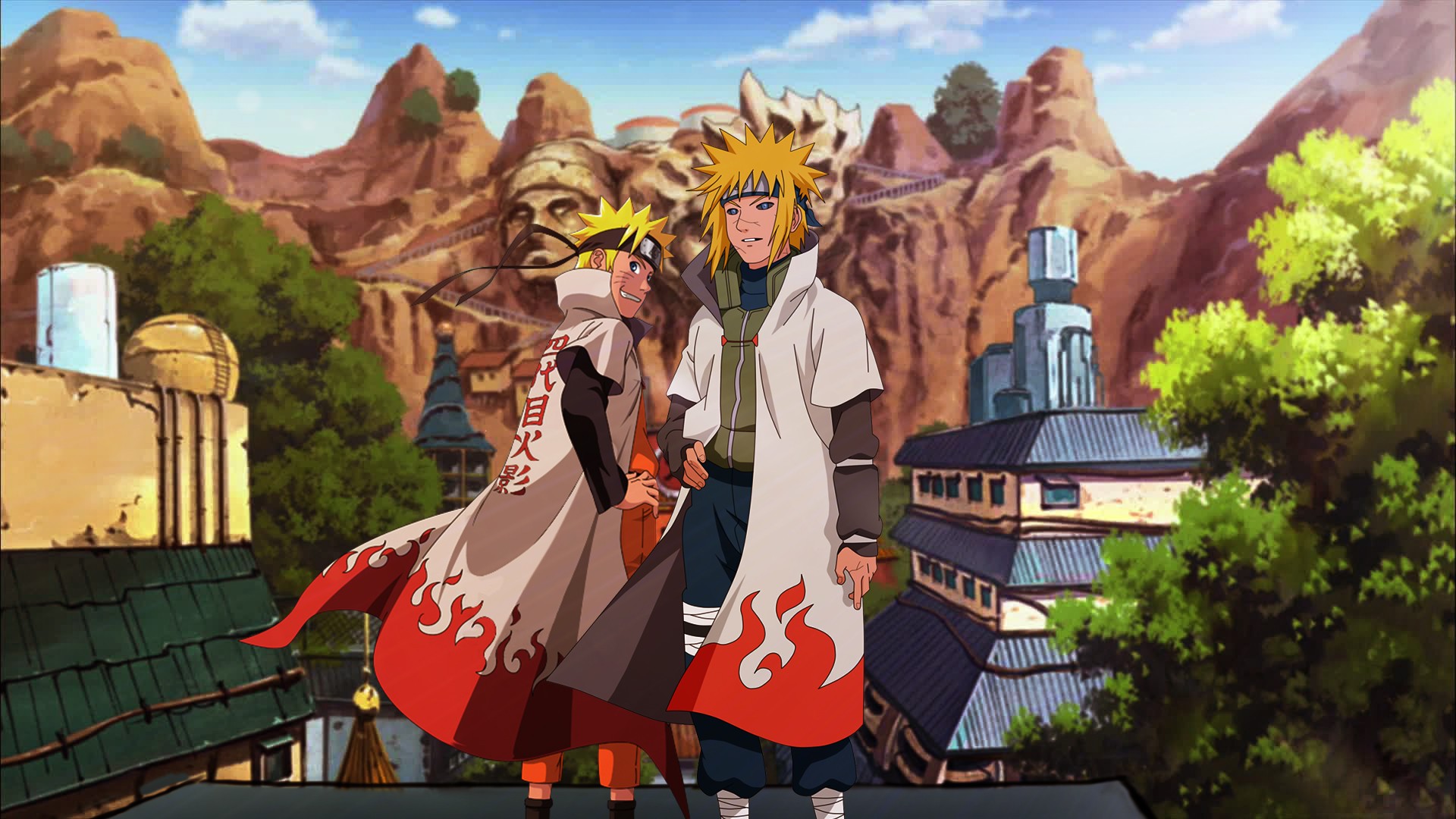 Wallpaper, anime, Naruto Shippuuden, Uzumaki Naruto, Namikaze Minato, Hokage, mural, Konoha, Yondaime, screenshot 1920x1080