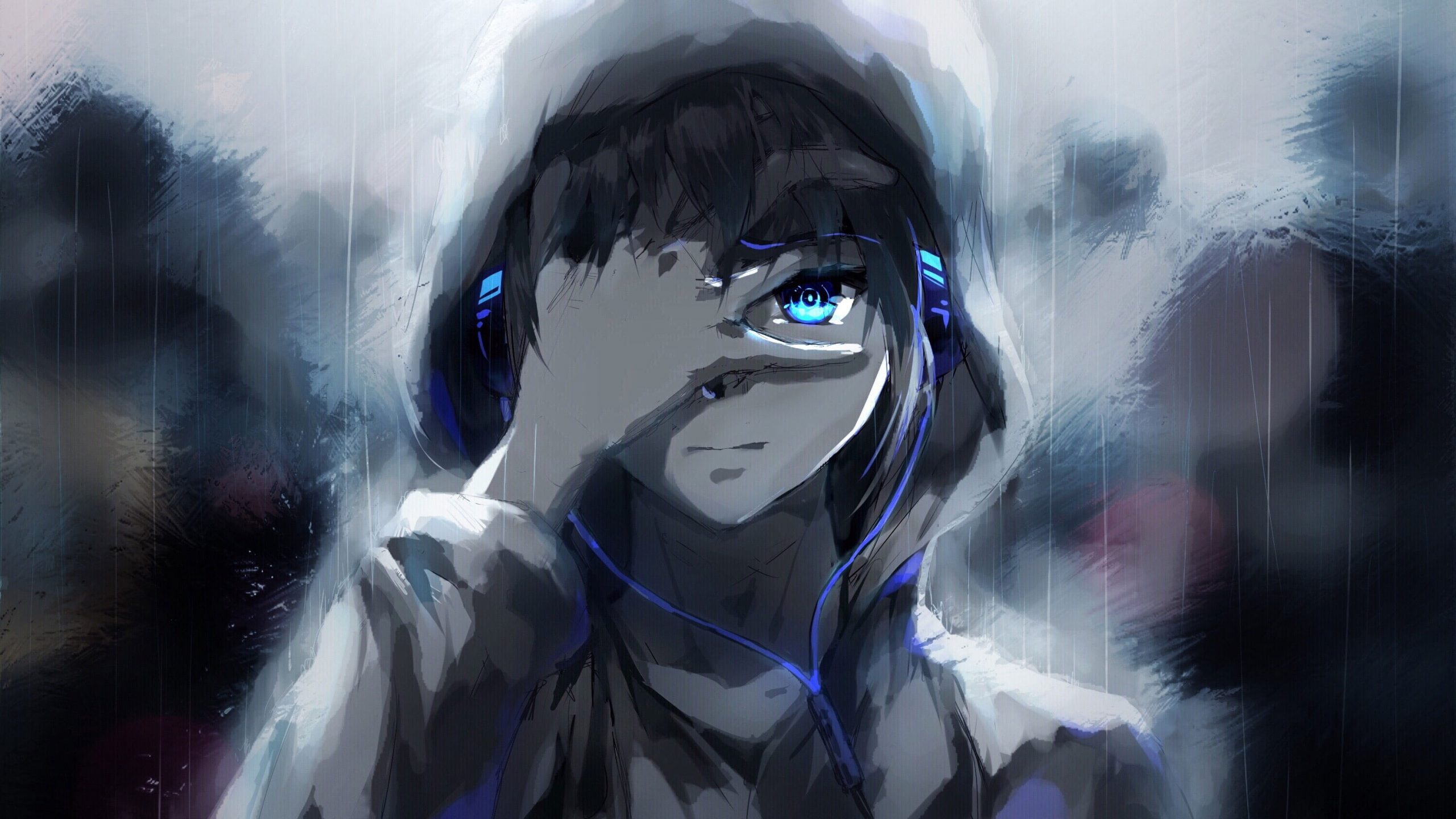 Anime boy wallpaper, hoodie, blue eyes, headphones, painting • Wallpaper For You HD Wallpaper For Desktop & Mobile