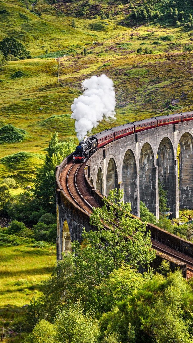Scotland, Train, Smoke, Viaduct, Trees, Countryside 750x1334 IPhone 8 7 6 6S Wallpaper, Background, Picture, Image