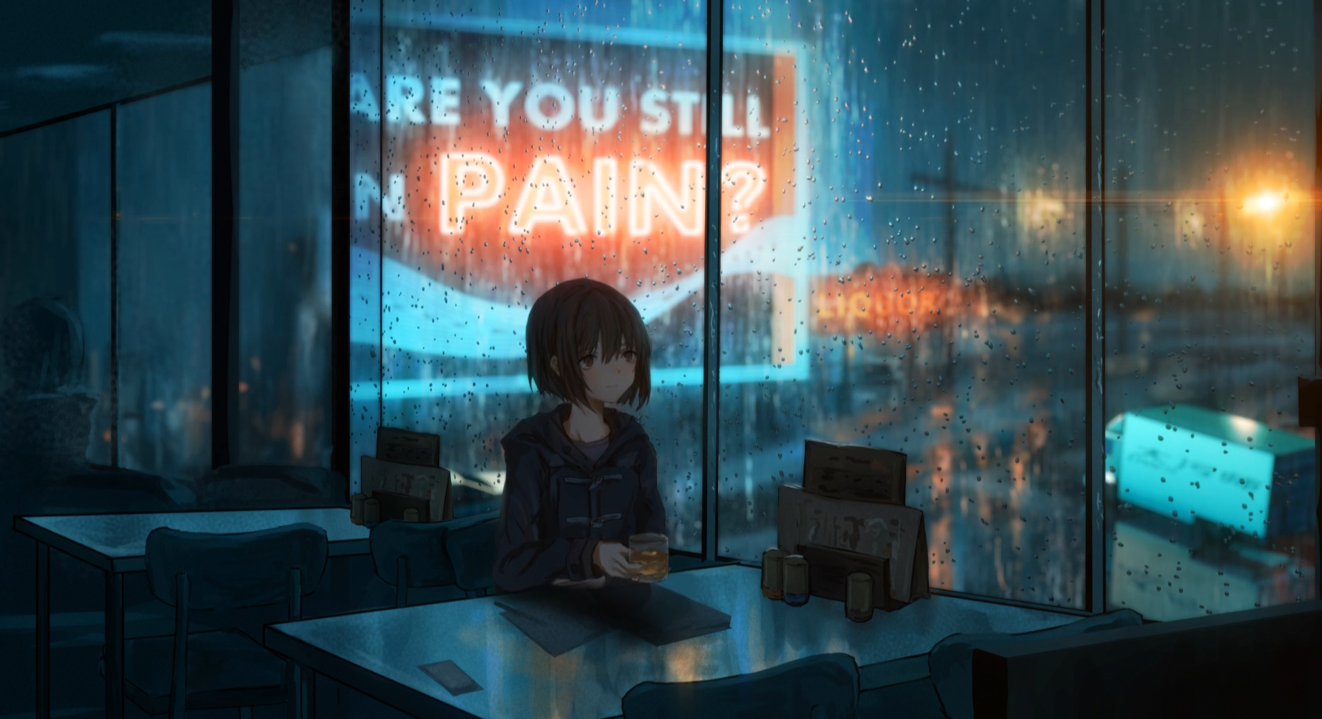 The girl is sitting alone in the coffee and its raining outside the window live wallpaper [DOWNLOAD FREE]